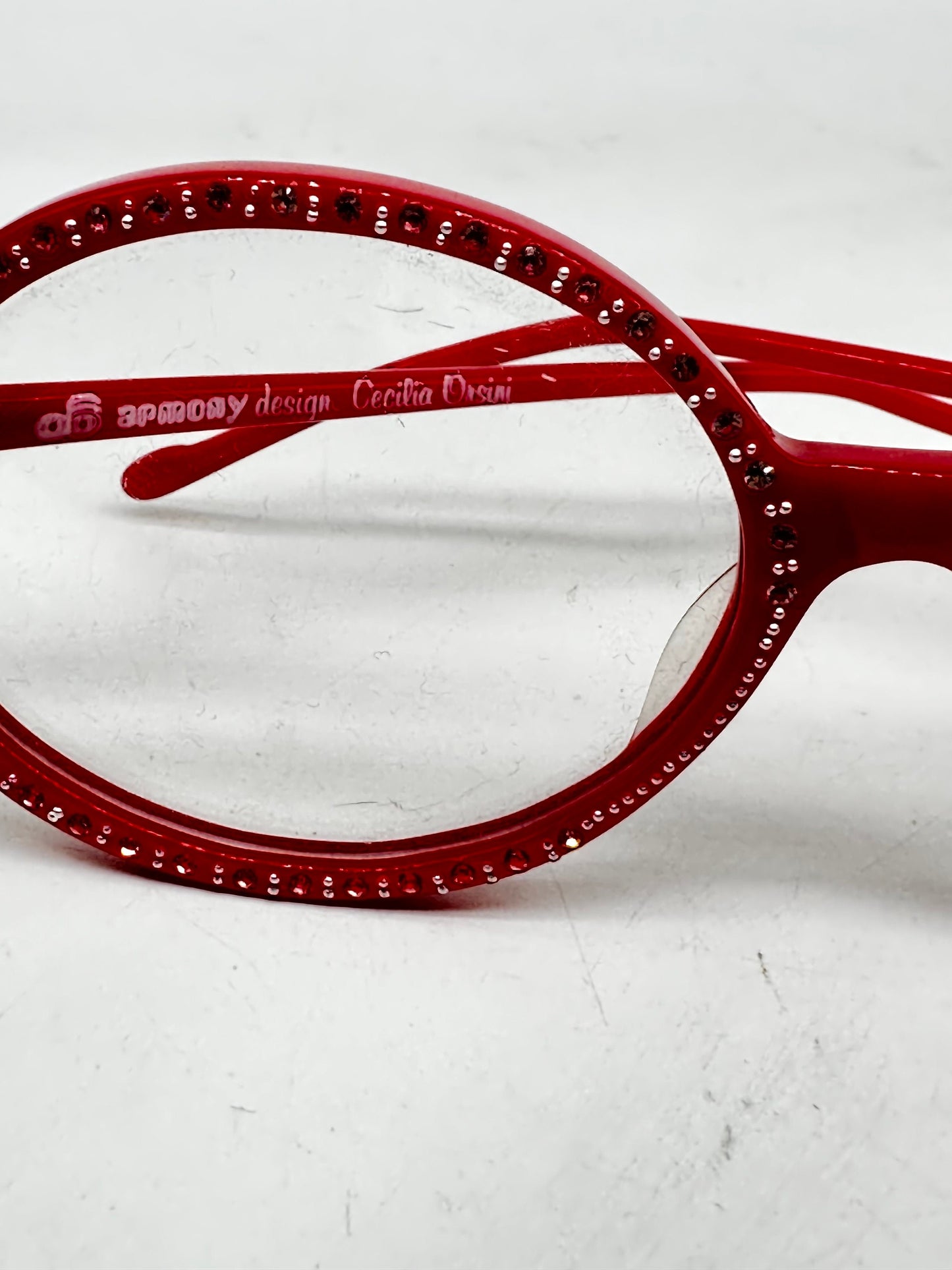 C. Orsini Armony round red eyeglasses fully set with rhinestones, hand made in Italy NOS 80s