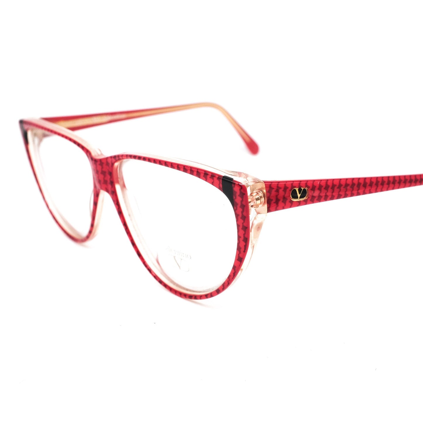 Valentino 129 red cateye cello eyeglasses frames with houndstooth pattern, 1980s NOS Italy