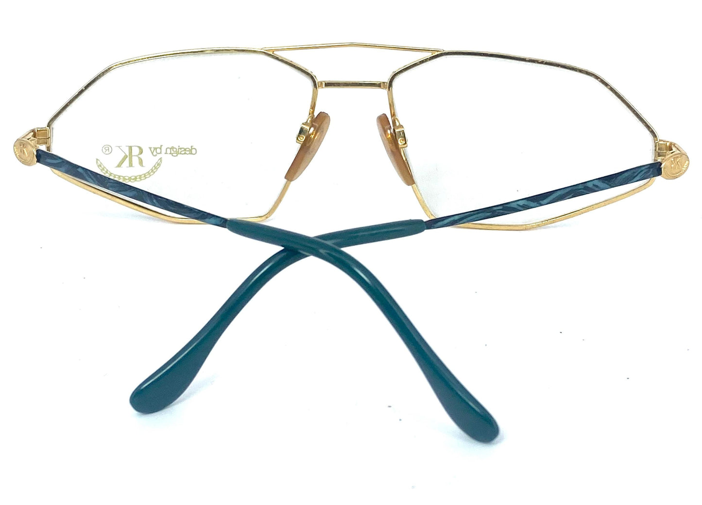 RK Design collectible avant-garde frames, polygonal dbl bridge golden metal w green enameled texture,  W Germany 80s NOS