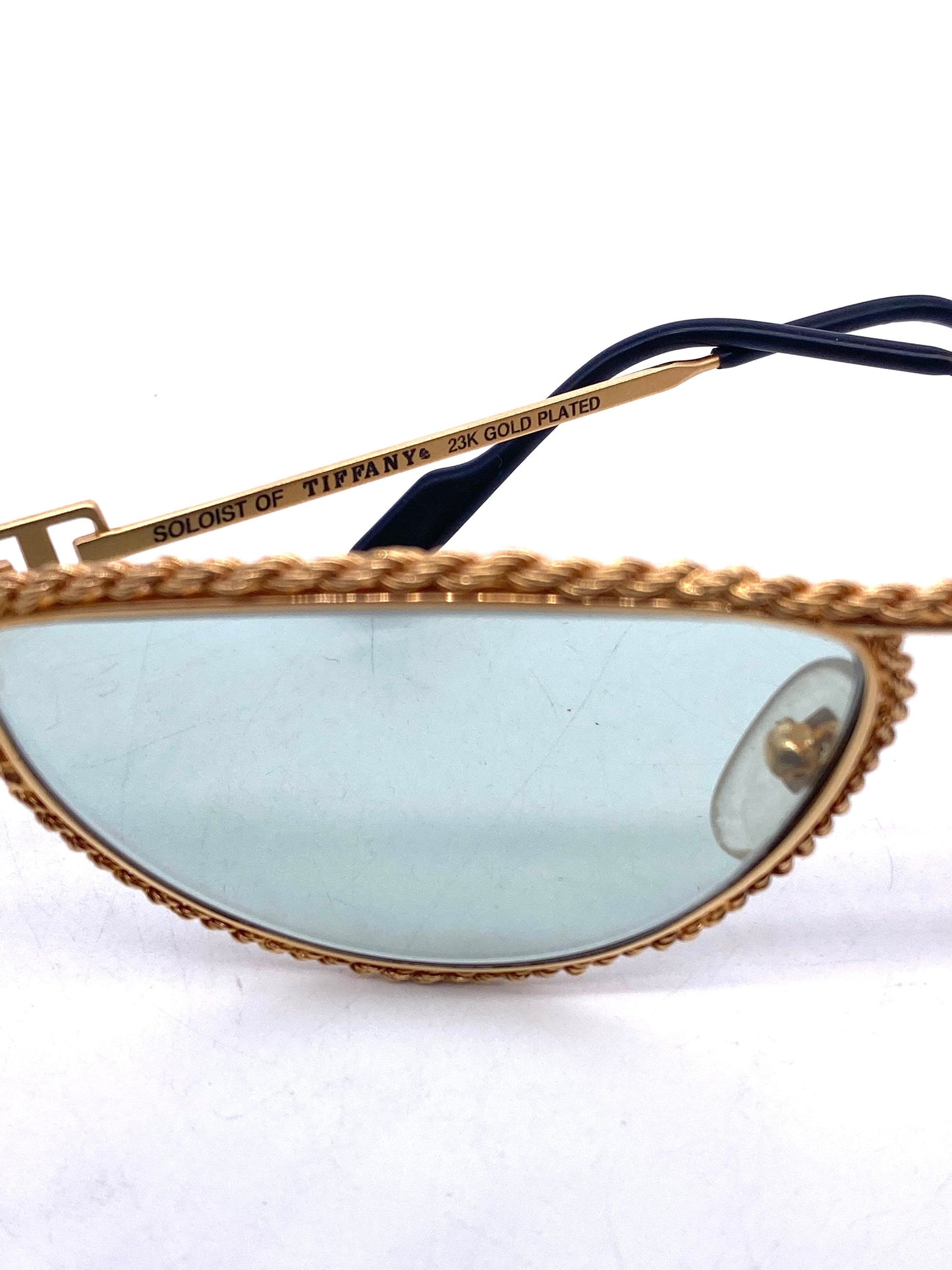 Tiffany Soloist T1-03 23k gold plated rope style rims cateye sunglasses, 1980s NOS