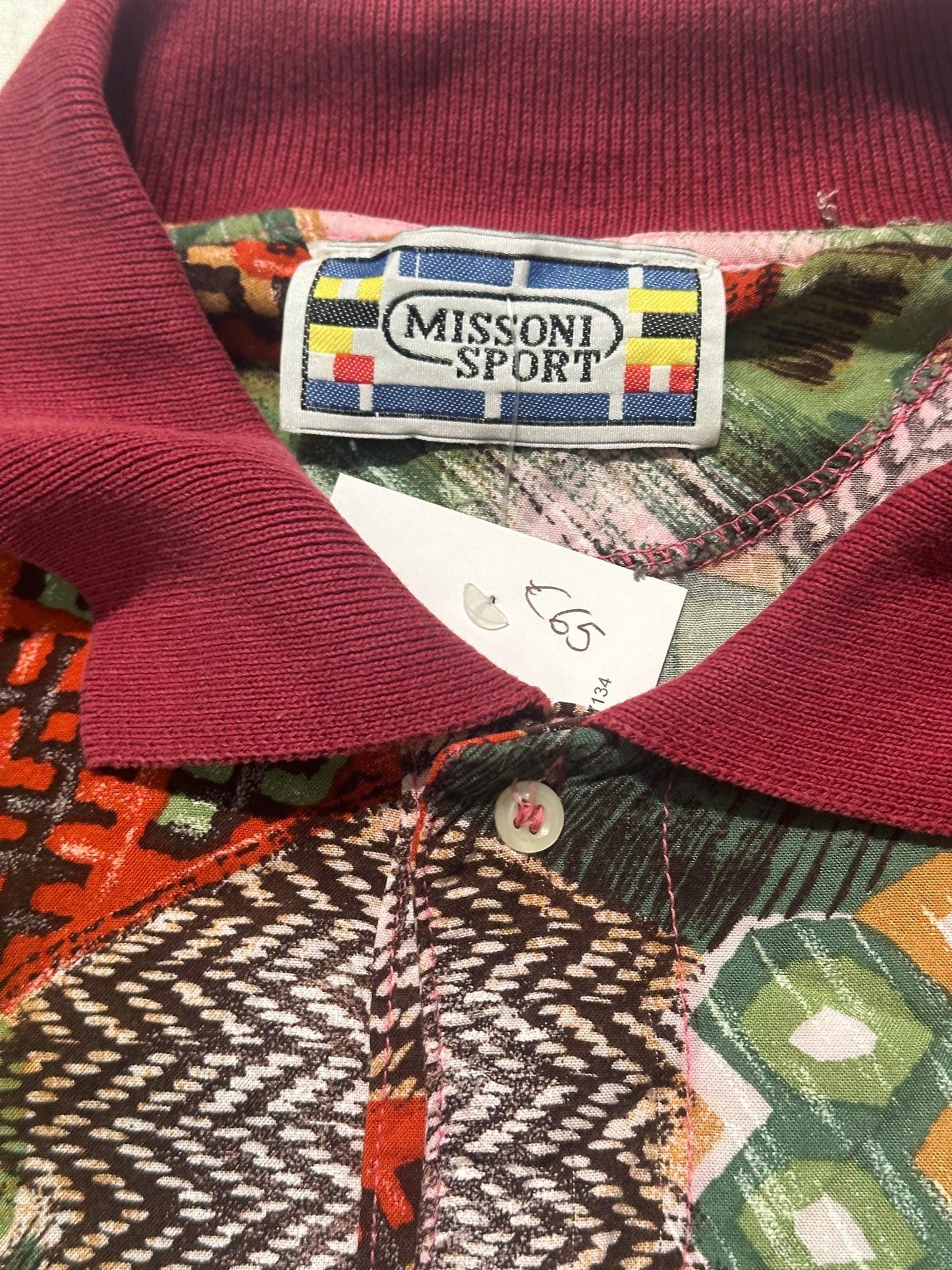 Missoni Sport cool Navajo inspired print cotton polo shirt in green/ burgundy and brown tones, great condition sz L