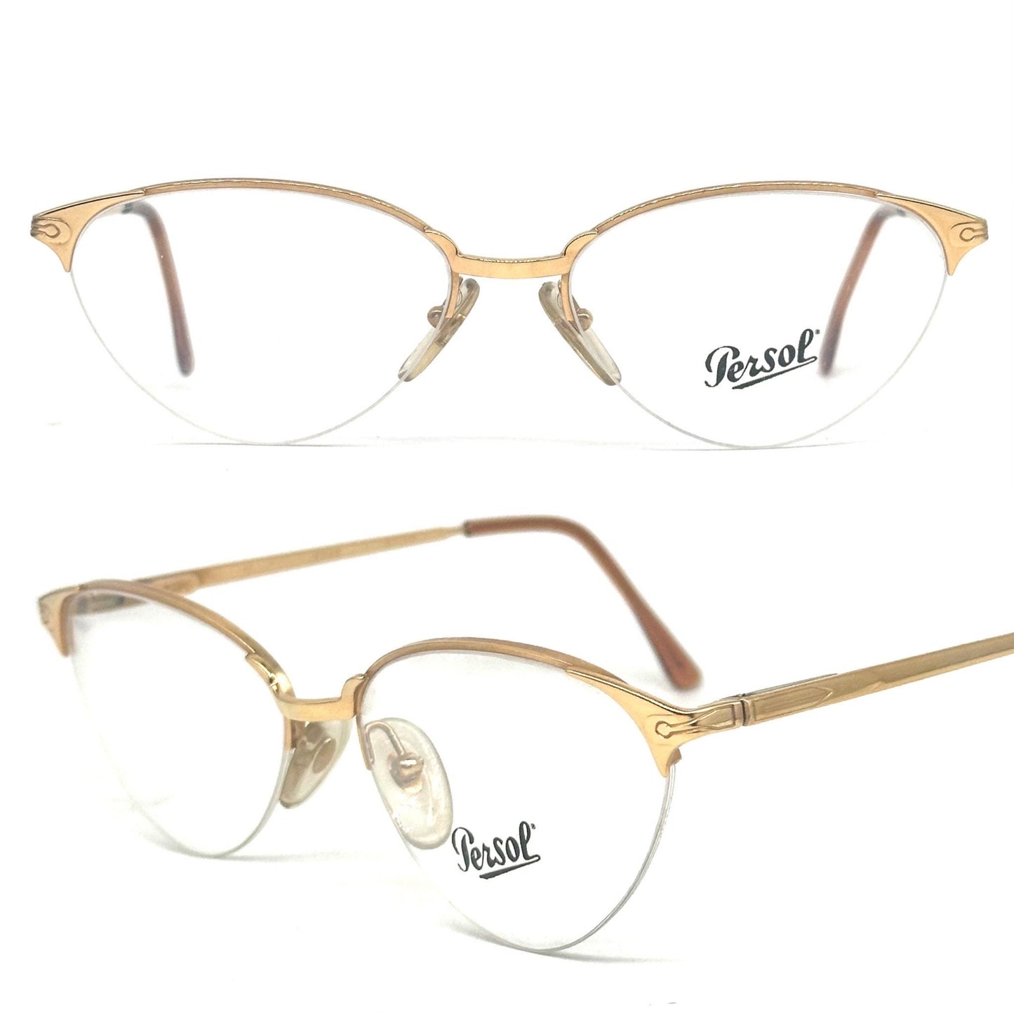 Persol Ratti Eras golden cateye glasses frames w nylor half-rim mount, sleek design; NOS 80s Italy
