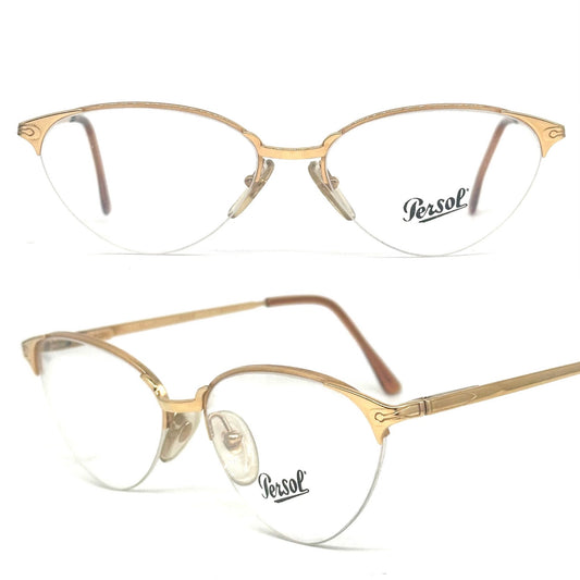 Persol Ratti Eras golden cateye glasses frames w nylor half-rim mount, sleek design; NOS 80s Italy