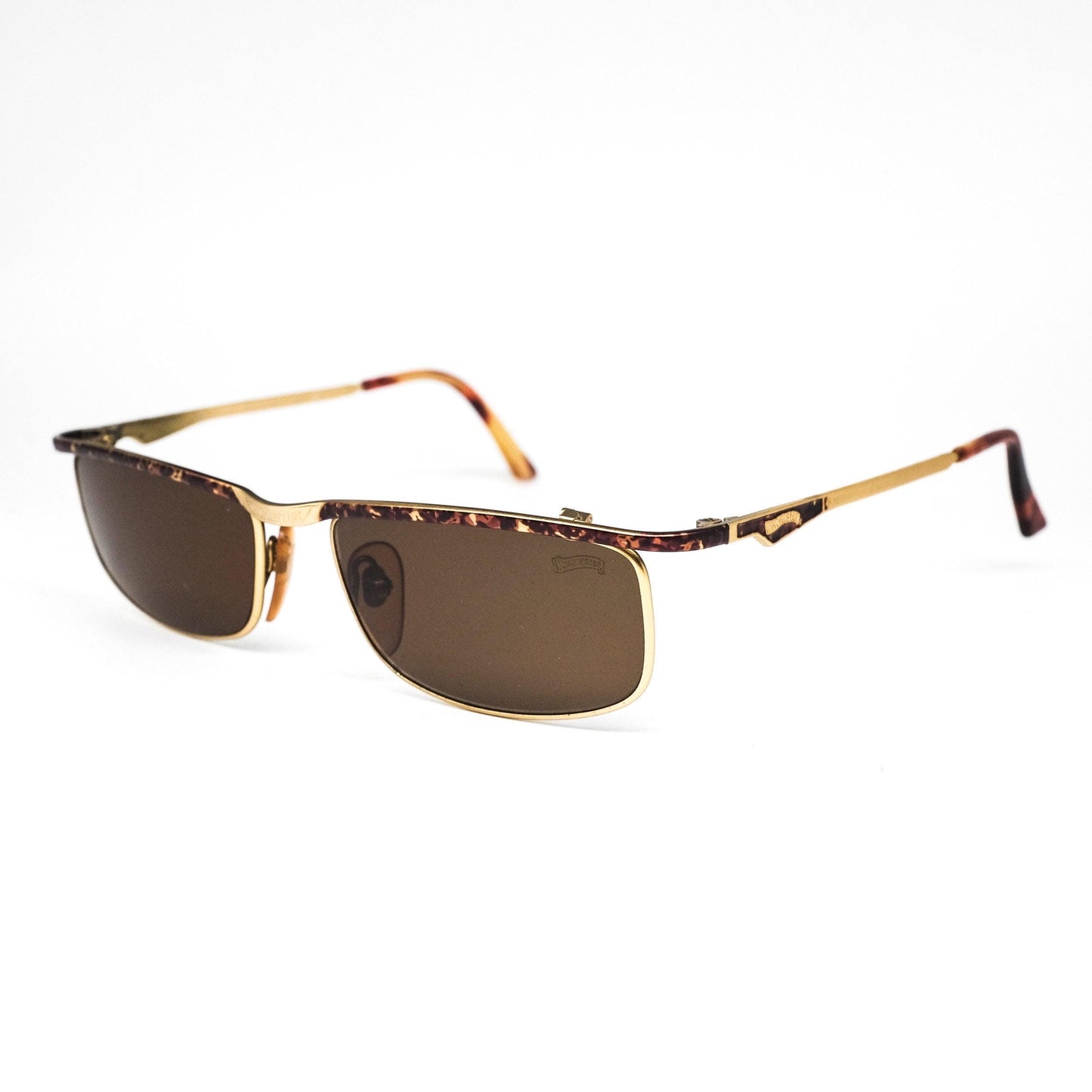 Winchester tortoise-gold square metal sunglasses, w carved-enameled details, NoS 80s.