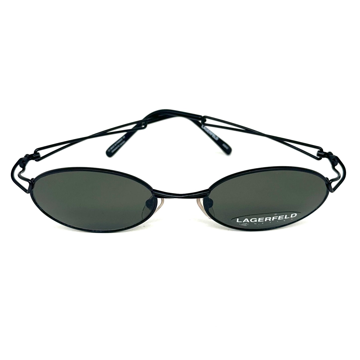 Karl Lagerfeld 4124 01 black oval steampunk sunglasses intertwined temples 1990s, NOS