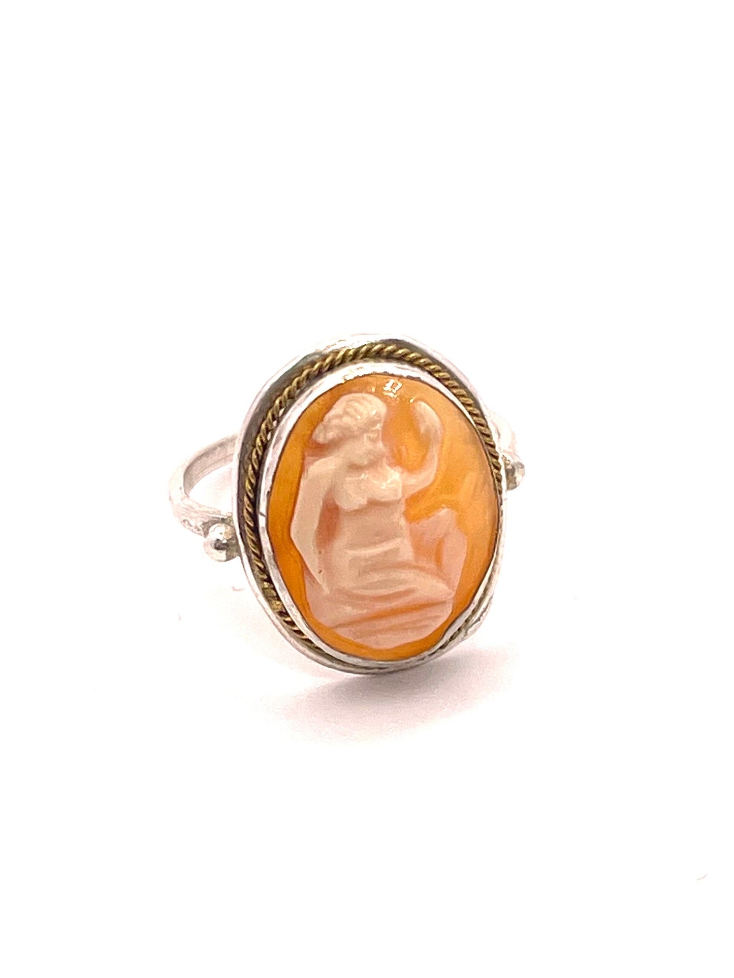 Antique Silver cameo ring w hand carved coral - Shell female figure / Greek Goddess, New from deadsrock