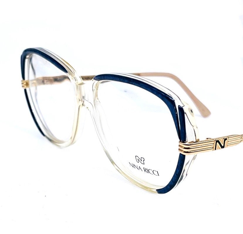 Nina Ricci square oversized blue-gold eyeglasses frames hand made in France in the 80s, gorgeous and minty