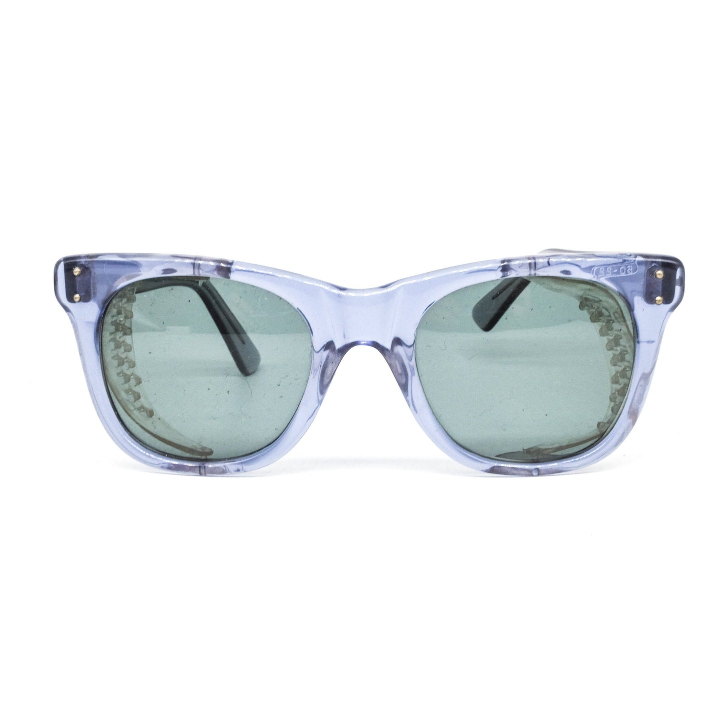 Occhiali da sole Wayfarer Baruffaldi in acetato traslucido con pannelli laterali trasparenti, new old stock anni '80 ITA