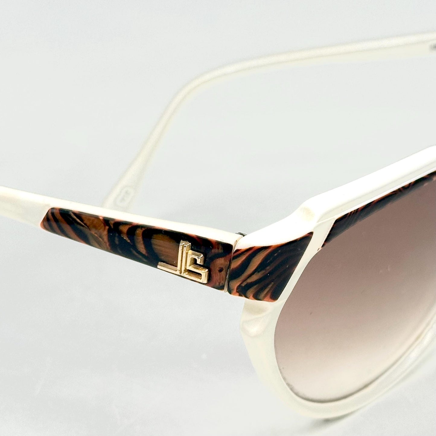 Jean-Louis Scherrer Paris frame 876 white acetate with fluid animalier marbled parts and golden JLS logo detail 90s NOS France