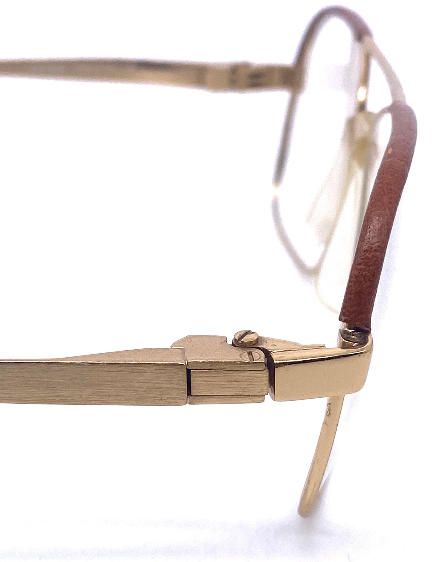 Filos dbl bridge square golden metal aviator frames with leather inserts, NOS 80s hand made in Italy
