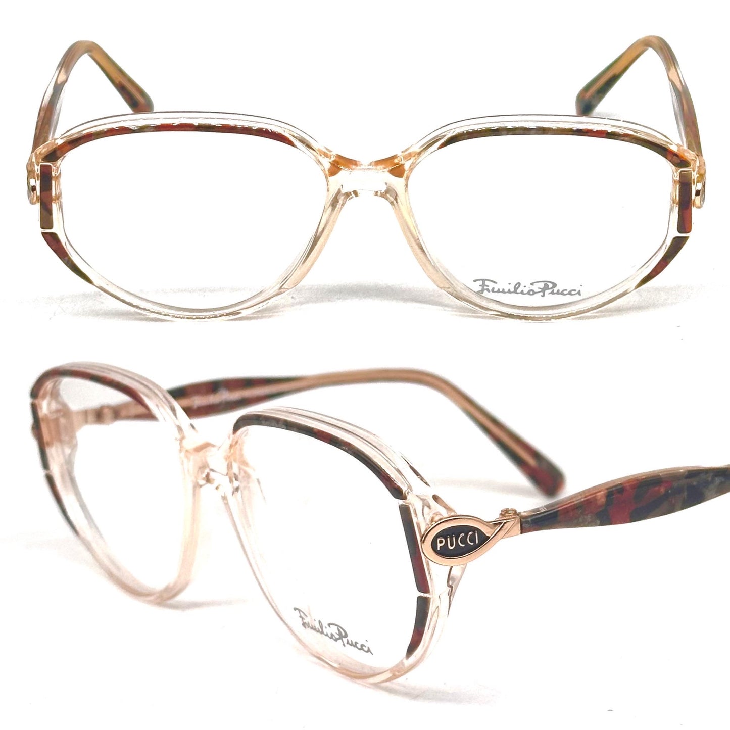 Emilio Pucci 492 clear eyewear detailed with brown and black marble parts and gold temples 80s NoS Made in Florence