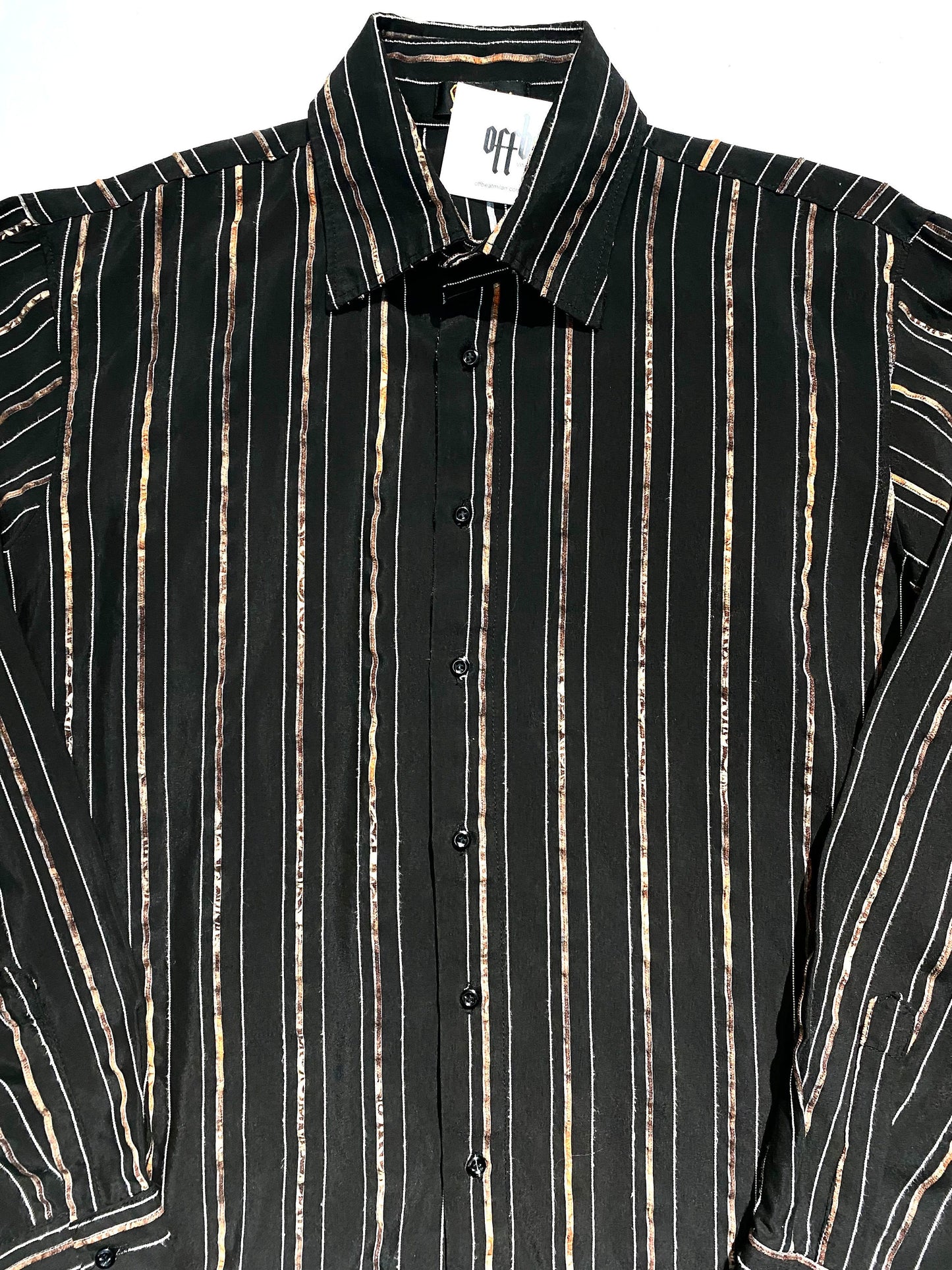Black cotton shirt w alternate white & multicolor jacquard stripes; in mint condition, sz 48