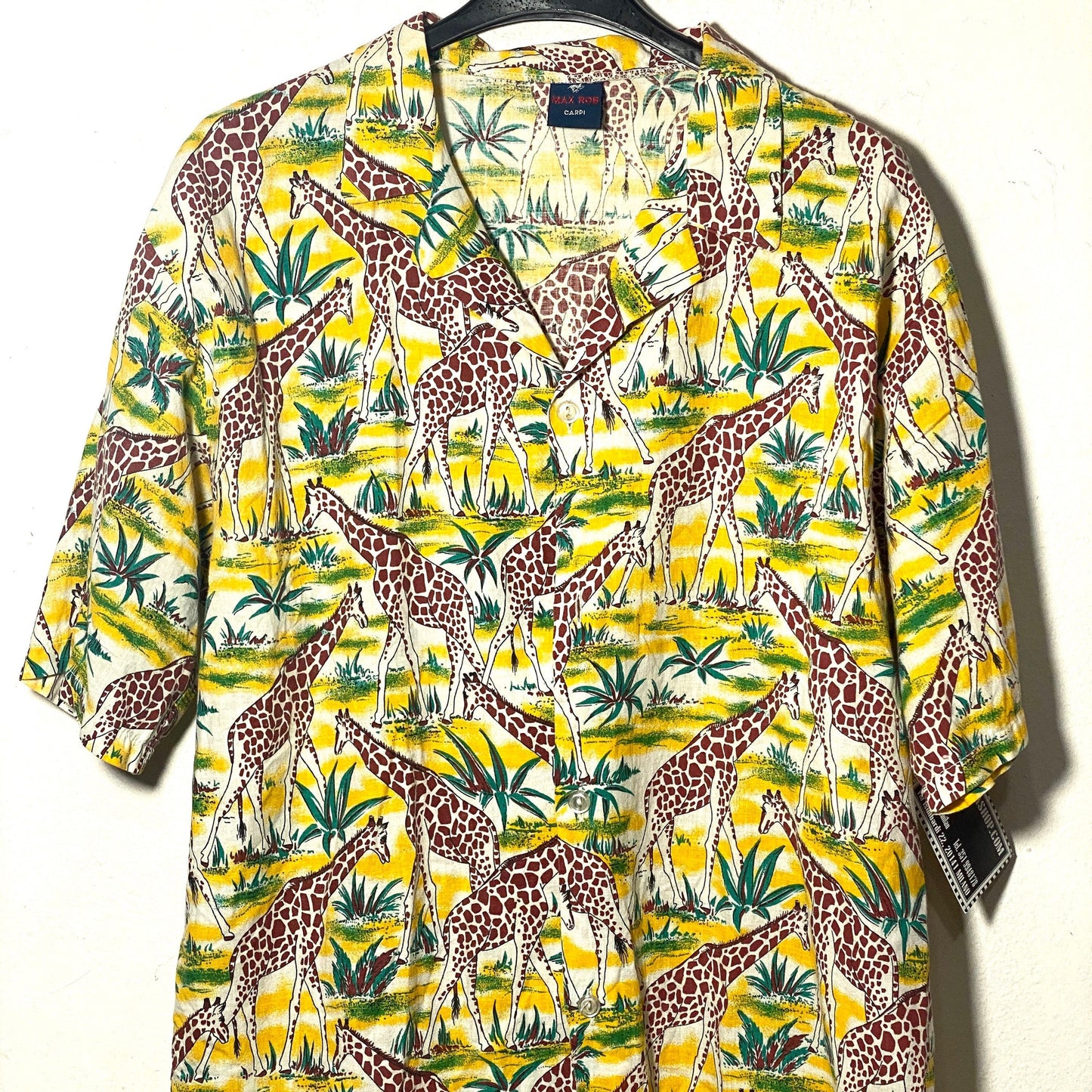 Max Rob safari-savana giraffes print yellow aloha shirt, pure cotton, 80s mint condition