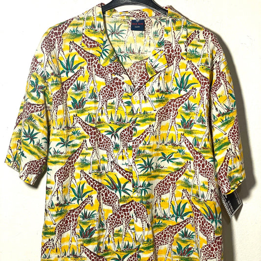 Max Rob safari-savana giraffes print yellow aloha shirt, pure cotton, 80s mint condition
