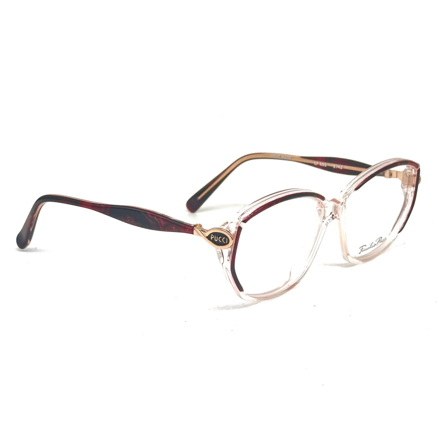 Emilio Pucci 493 clear eyewear detailed with red and black fluid marble parts and gold temples 80s NoS Made in Florence