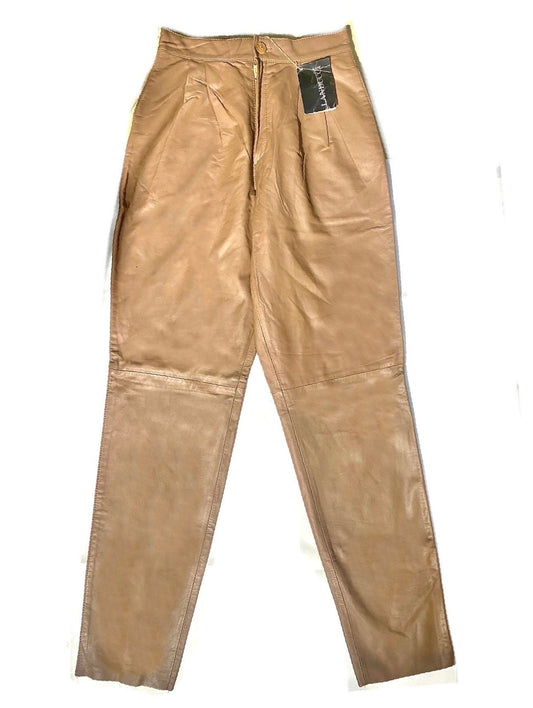 Tan light brown leather trousers, classy straight cut pants made in Italy by Landucci BNWT mint