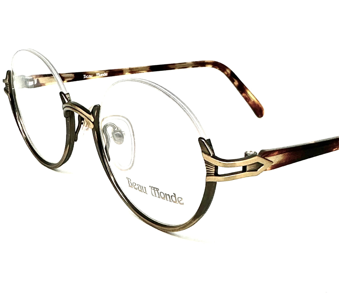 Beau Monde Milford outstanding round half rimmed antique brass spectacle frames, NoS 80s Japan