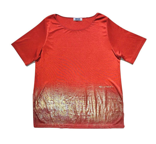 Krizia PerTe burgundy satin shirt w golden degradè croc print, NOS 80s mint sz L