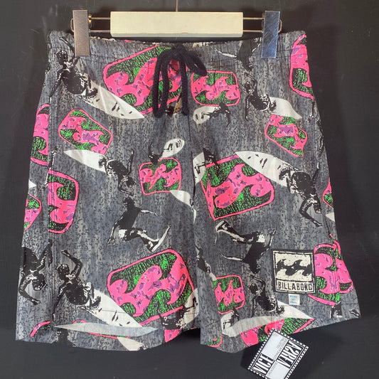 Billabong 90s surf swim trunks / shorts, cool black / white / neon surfers allover brand print, NOS 90s w/tags