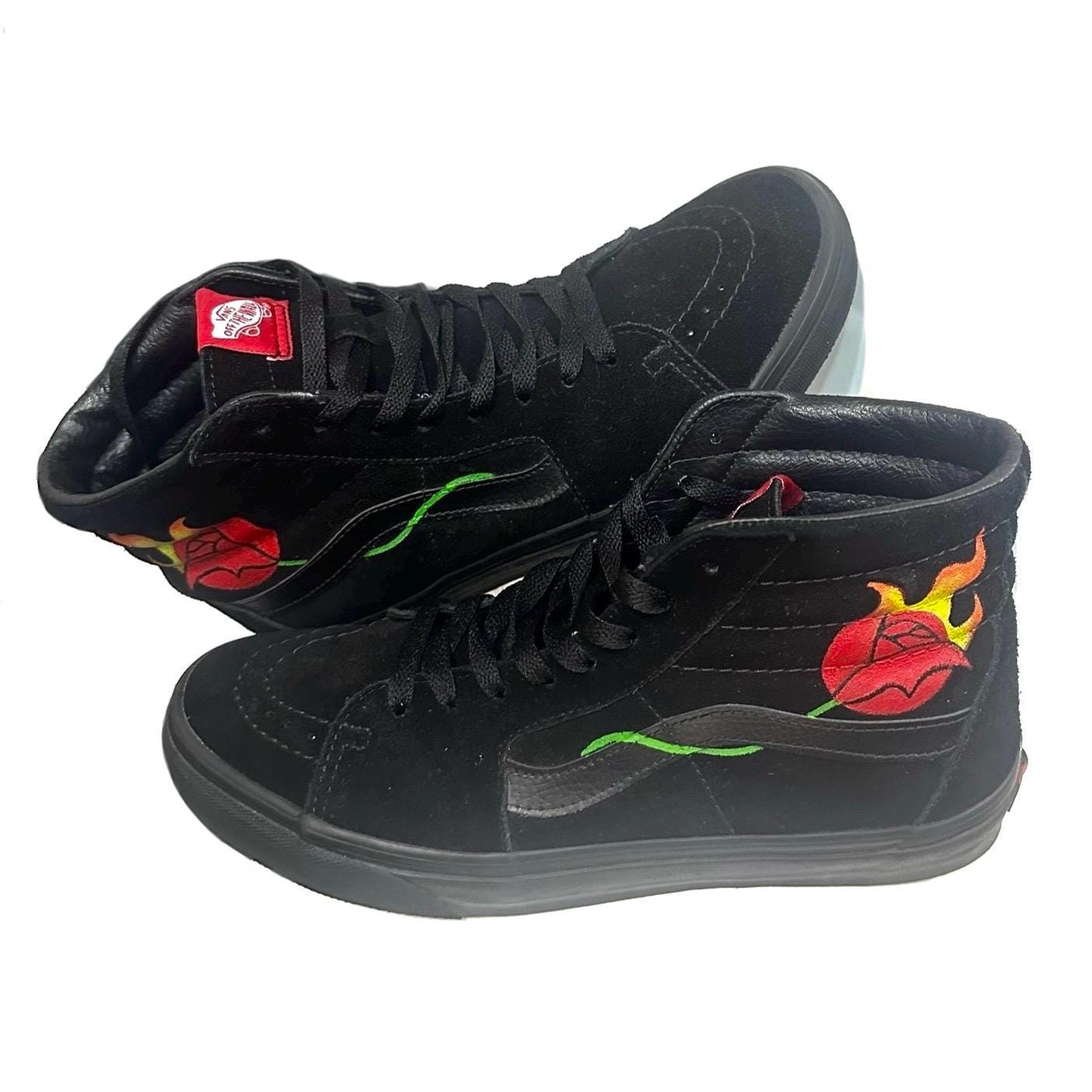 Vans SK8-HI black suede and leather interior hand painted custom with a burning red rose size EU 41 US Men 8.5 / Women 10