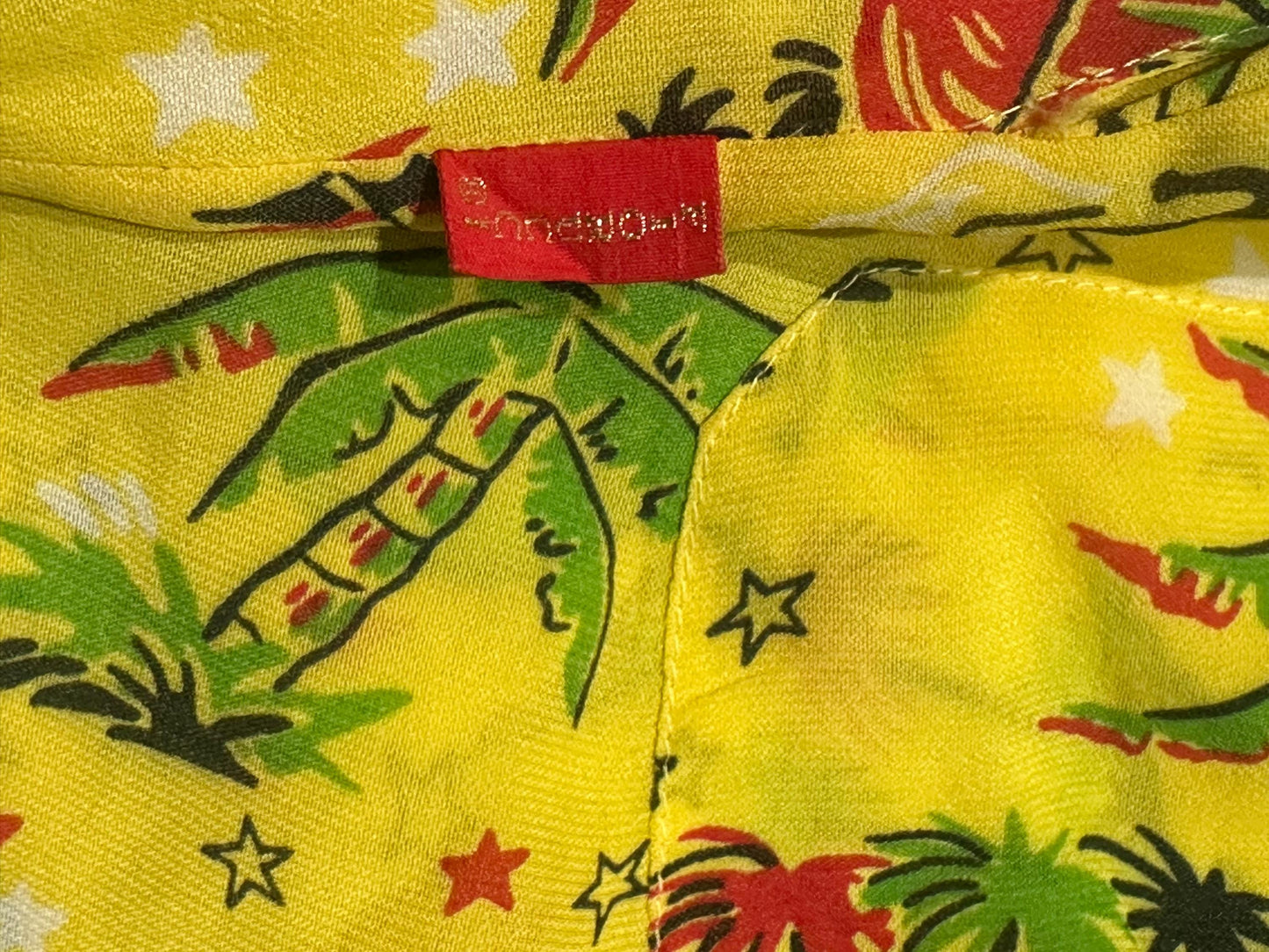 Fiorucci cool yellow Aloha beach trousers w Palms, surfers and stars/moon allover, Italy 80s