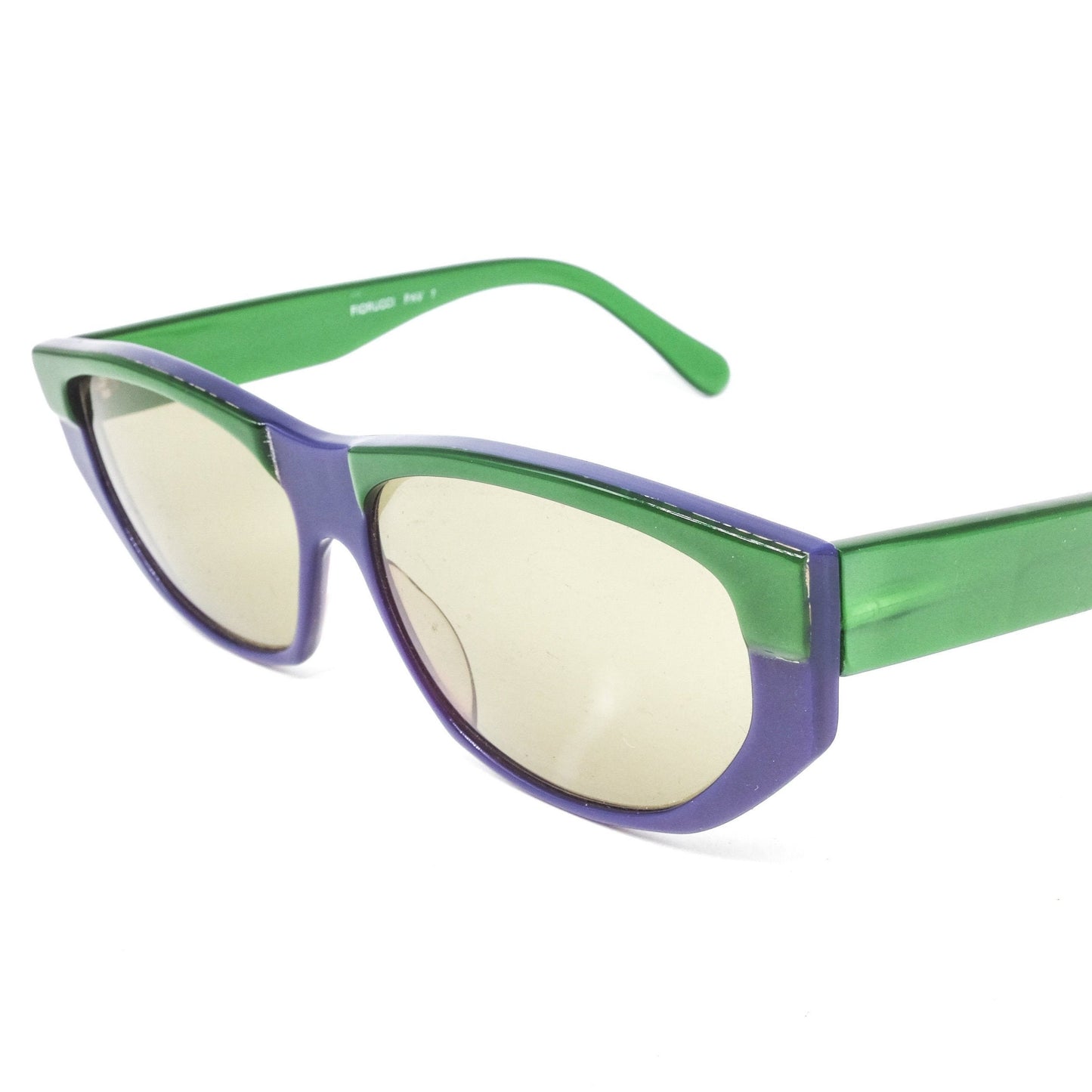 Fiorucci Metalflex unusual green purple acetate sunglasses with light green lenses, 1960s NOs