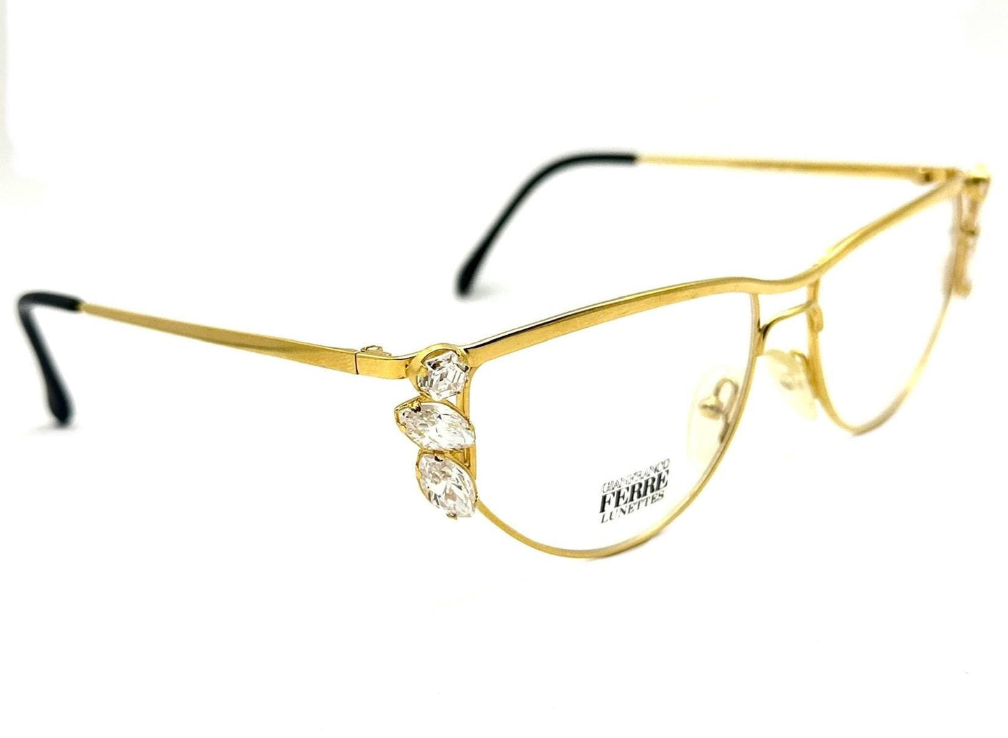 Gianfranco Ferré GFF75 jeweled cateye glasses, golden metal frames w big Swarovski crystals, 1980s NOS