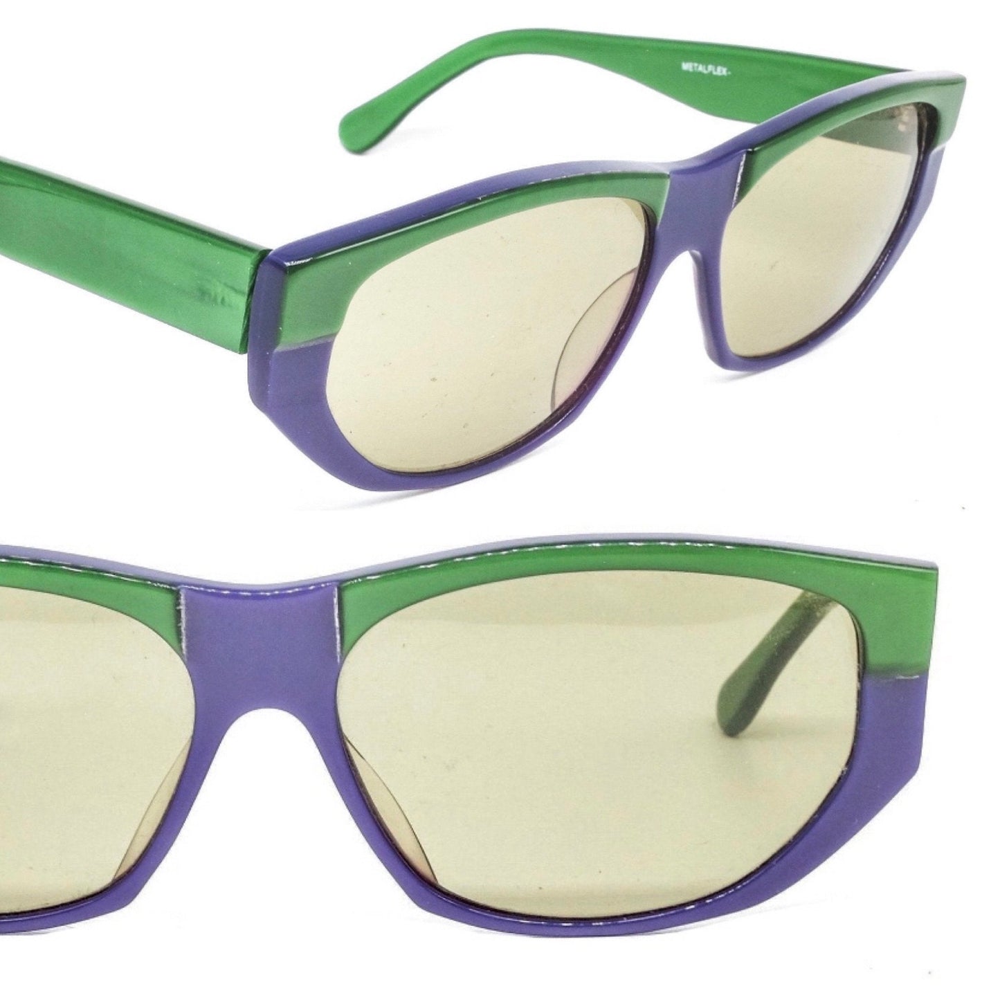 Fiorucci Metalflex unusual green purple acetate sunglasses with light green lenses, 1960s NOs