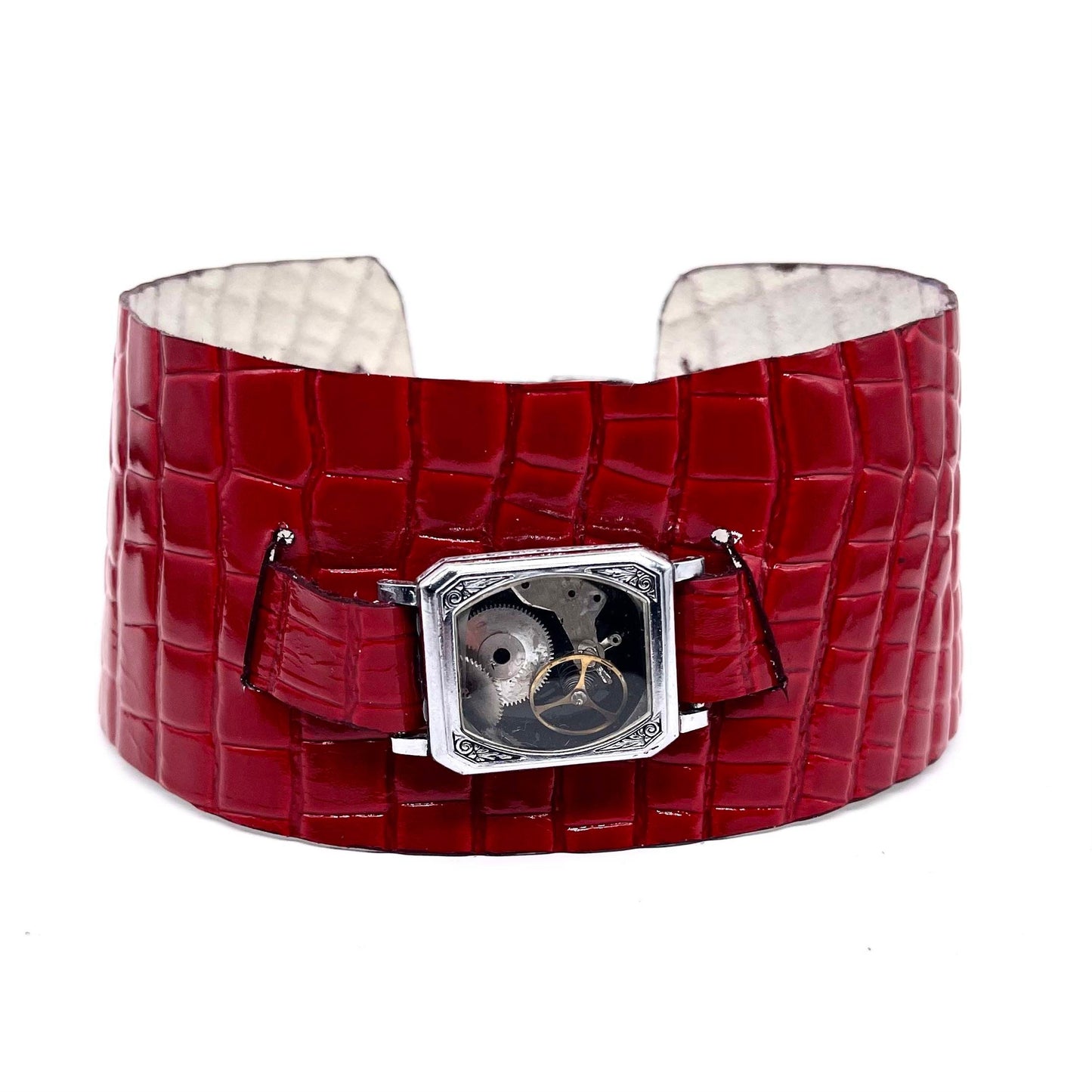 Hand made leather choker with analogic movement jewel