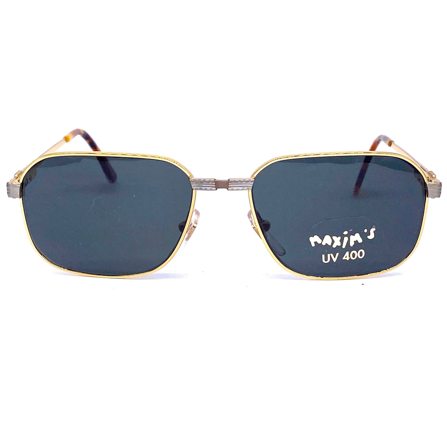 Maxim’s de Paris luxury rectangular metal sunglasses w carved details, in 2 colorways, NOS 90s Italy