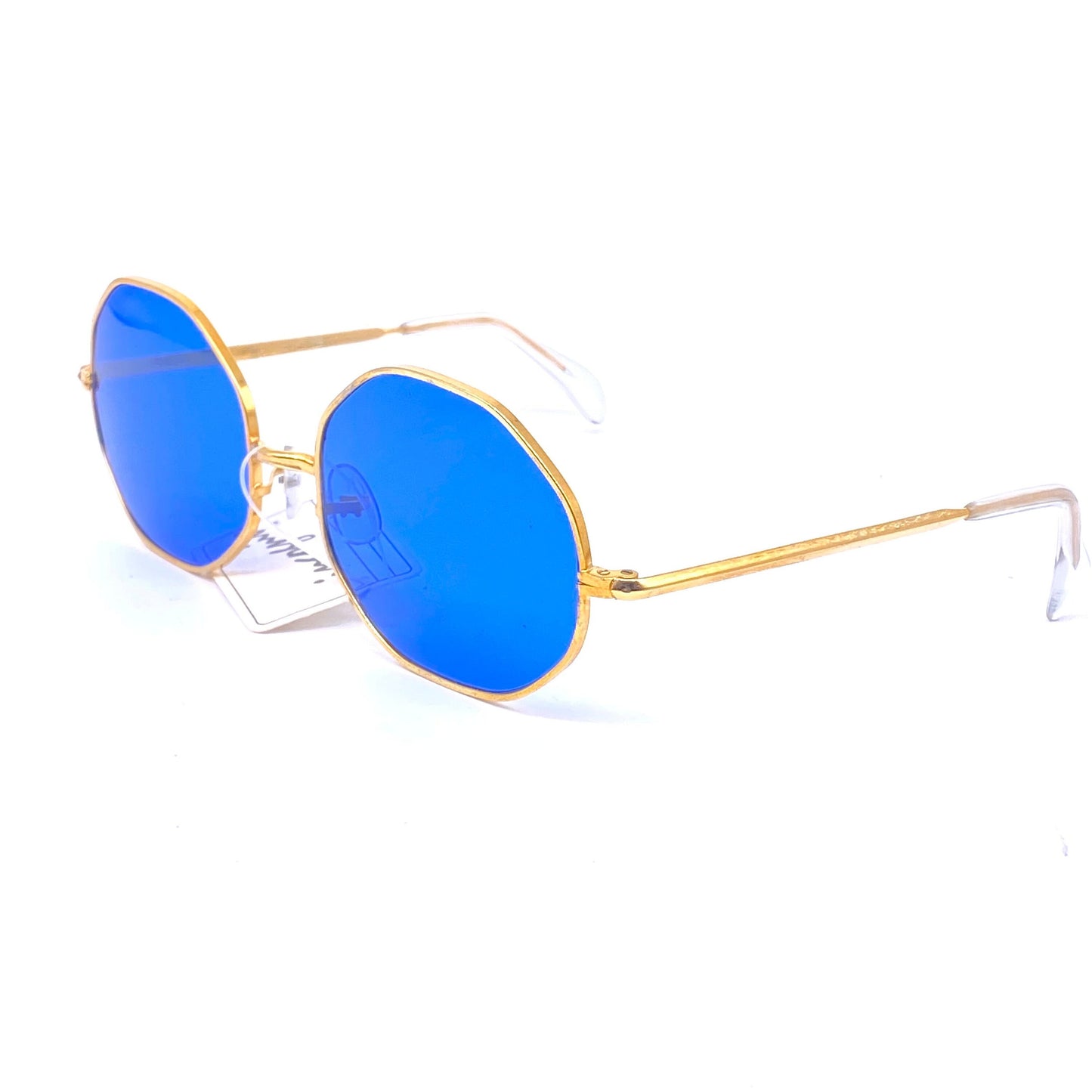 Incognito oversize octagonal sunglasses in golden metal w blue crystal lenses, NOs 70s Japan