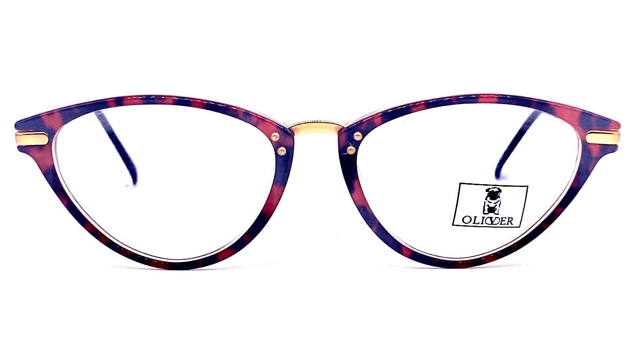Oliver by Valentino red marbled cateye frames w golden metal temples - hinges, NoS '80 Italy