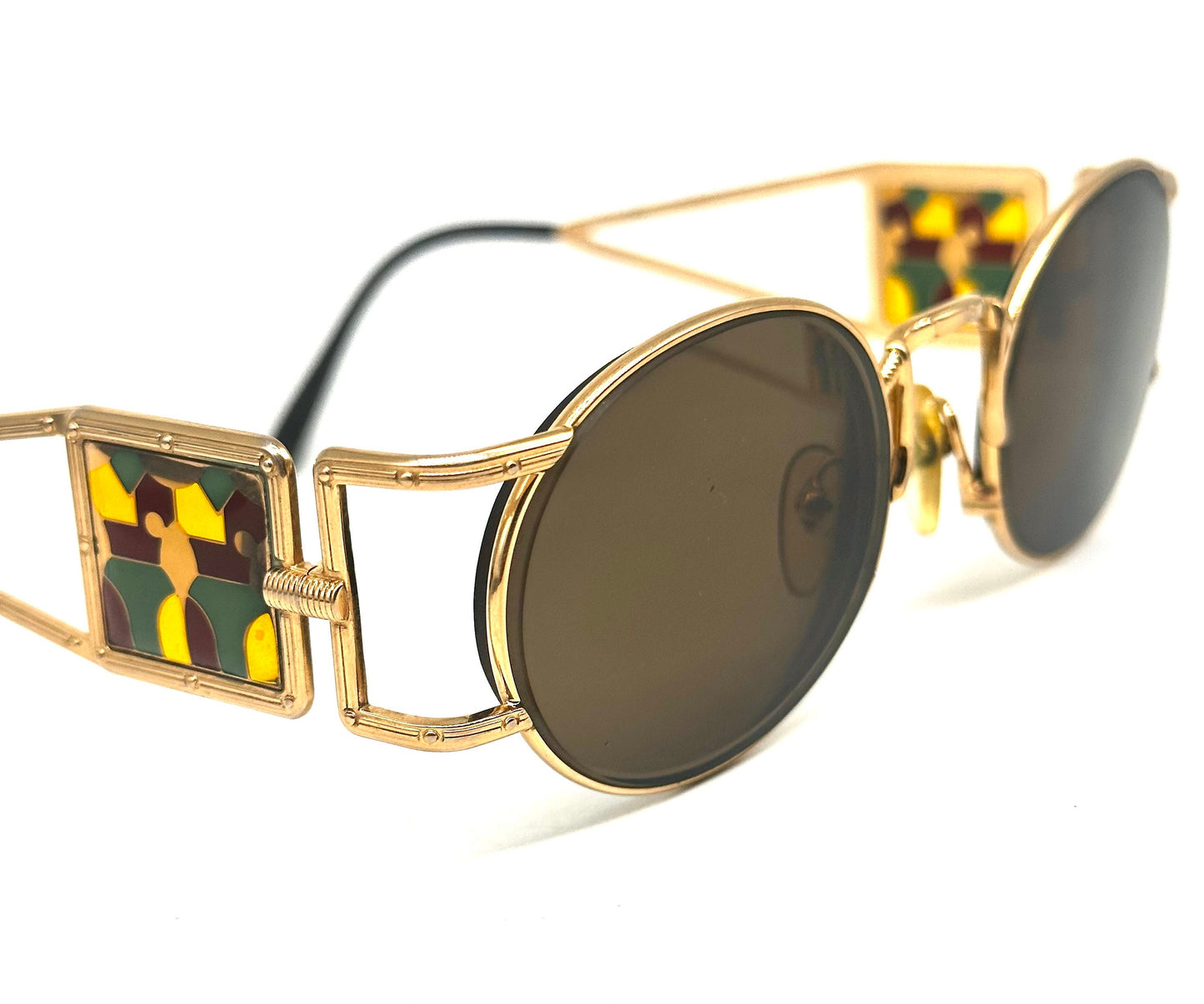 Jean Paul Gaultier 56-4672 rare gold plated round steampunk sunglasses w stained glass inspired temples, used in mint condition