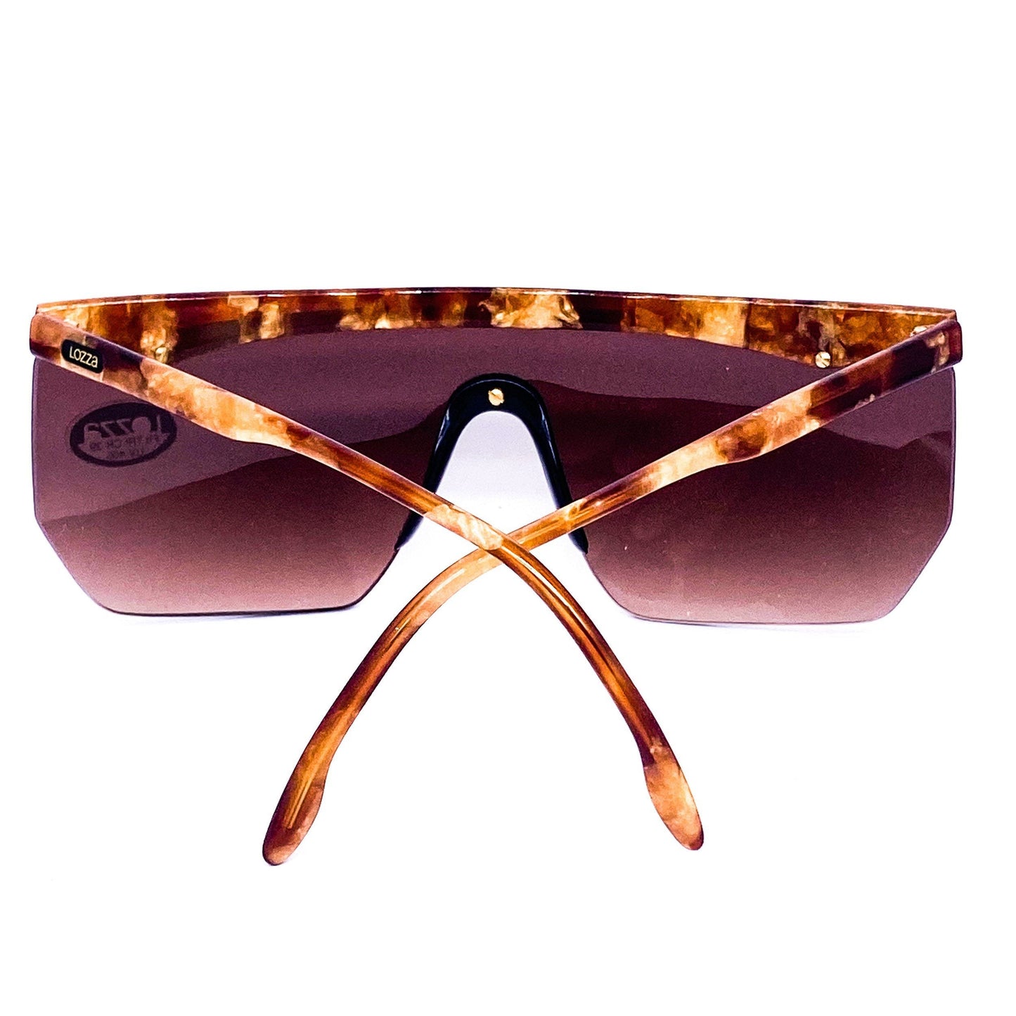 Lozza GUYA flat browline brown cellulose shield sunglasses with black nose bridge with golden detail, NOS mint condition