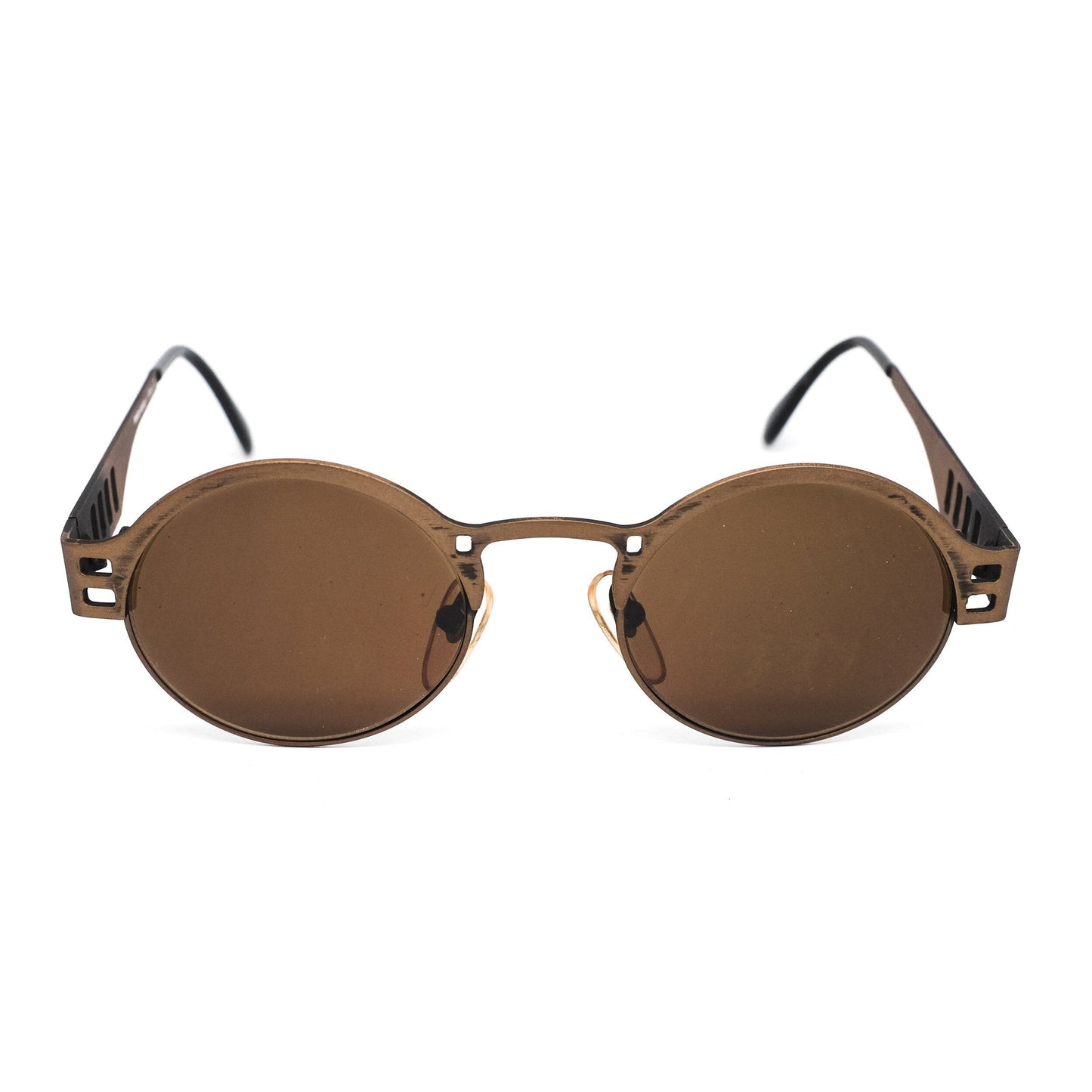 AndBad round steampunk sunglasses w cutoff detailed temples, made in antiqued brass metal , NOS 80s Italy