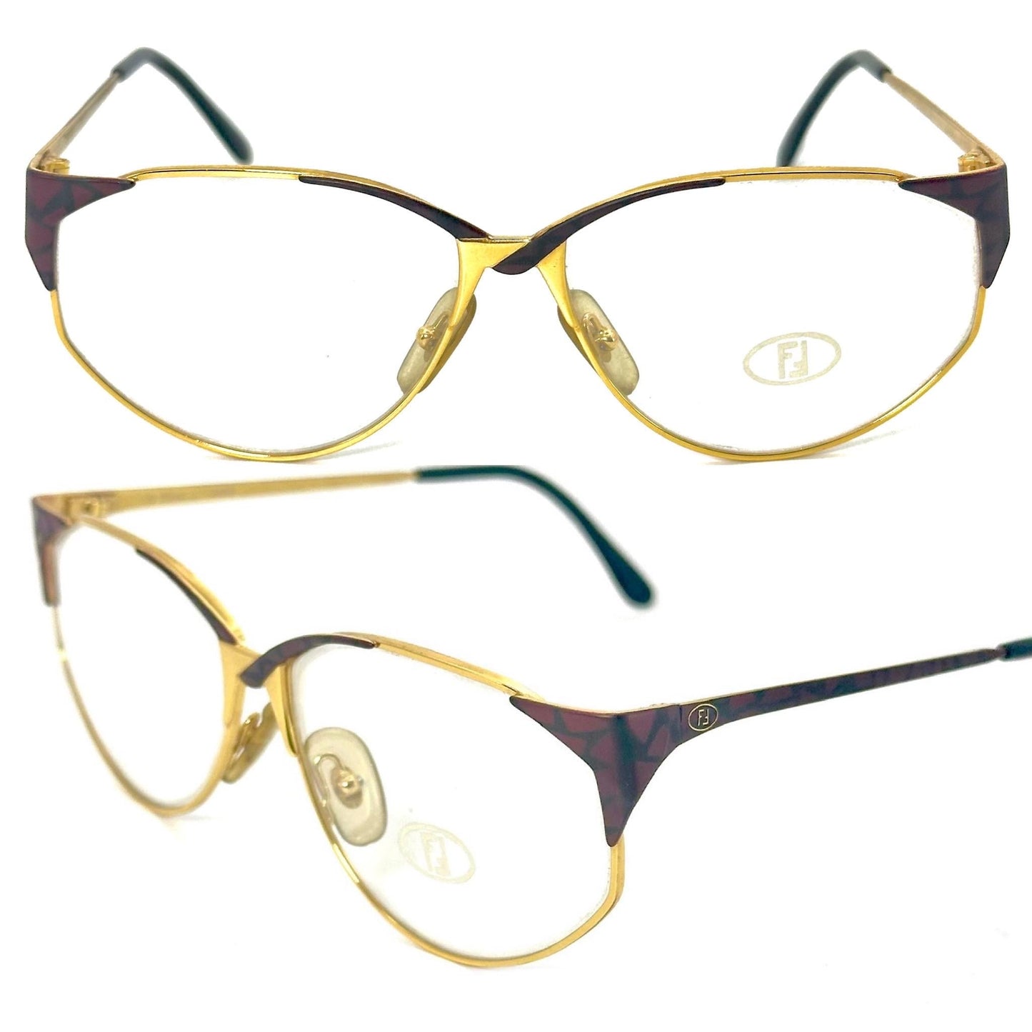 Fendi FV61 Gold-Burgundy asymmetric cateye eyeglasses frames hand made in Italy by Lozza, NOS 80s