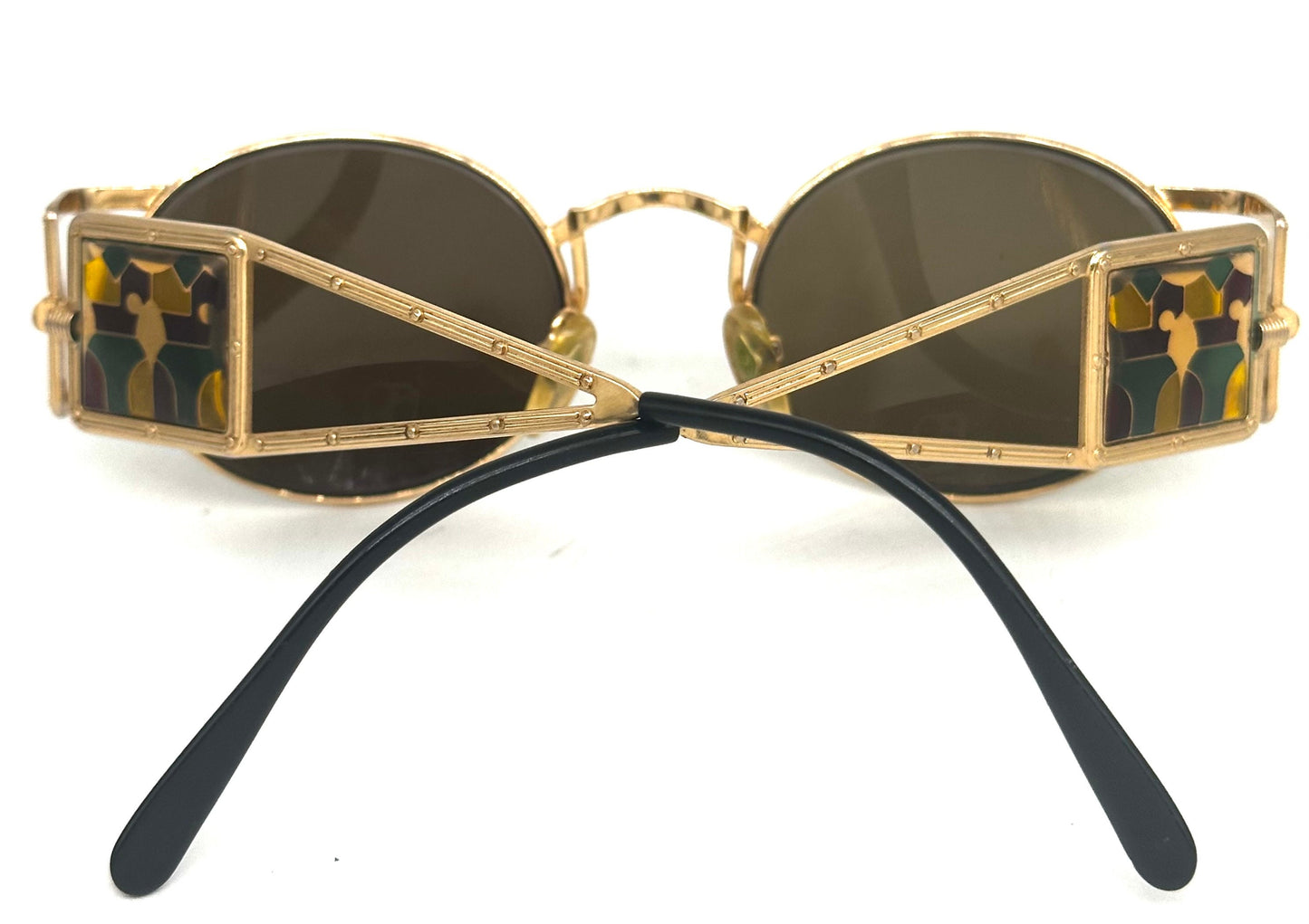 Jean Paul Gaultier 56-4672 rare gold plated round steampunk sunglasses w stained glass inspired temples, used in mint condition