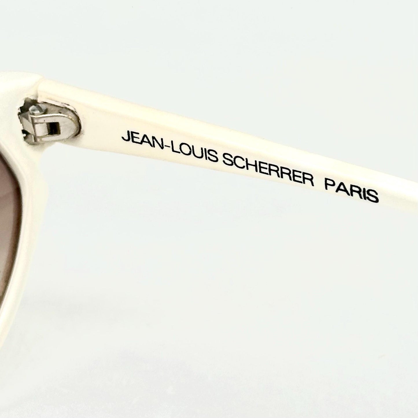 Jean-Louis Scherrer Paris frame 876 white acetate with fluid animalier marbled parts and golden JLS logo detail 90s NOS France