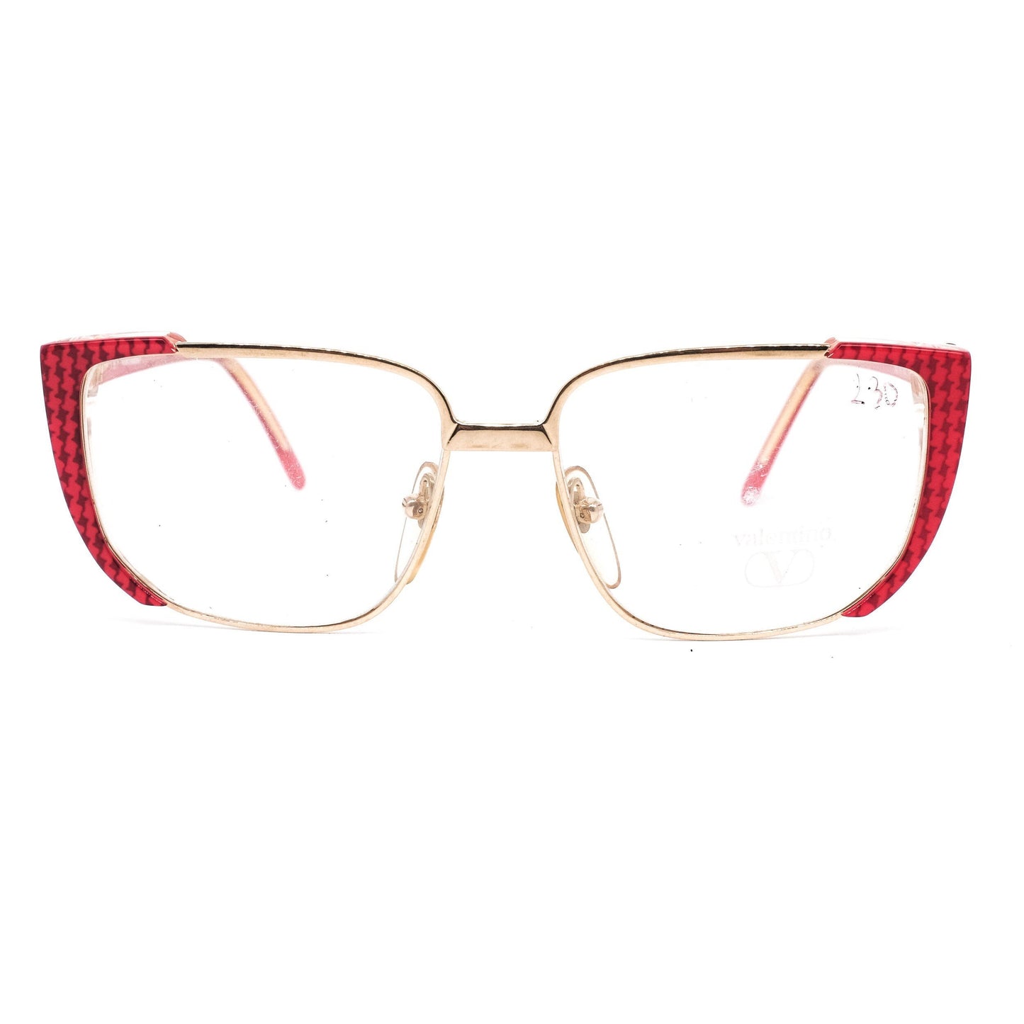 Valentino 133 red cateye cello eyeglasses frames with houndstooth pattern with metal parts in gold, 1980s NOS Italy