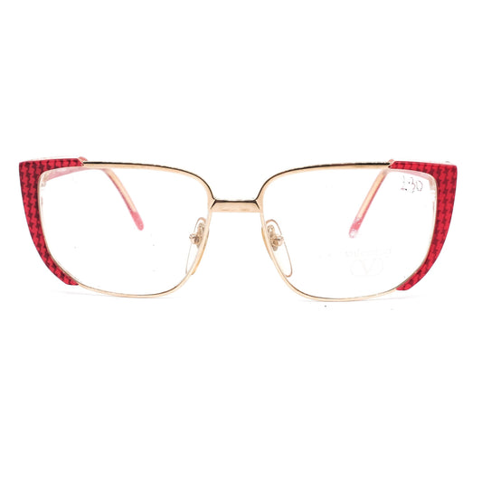 Valentino 133 red cateye cello eyeglasses frames with houndstooth pattern with metal parts in gold, 1980s NOS Italy