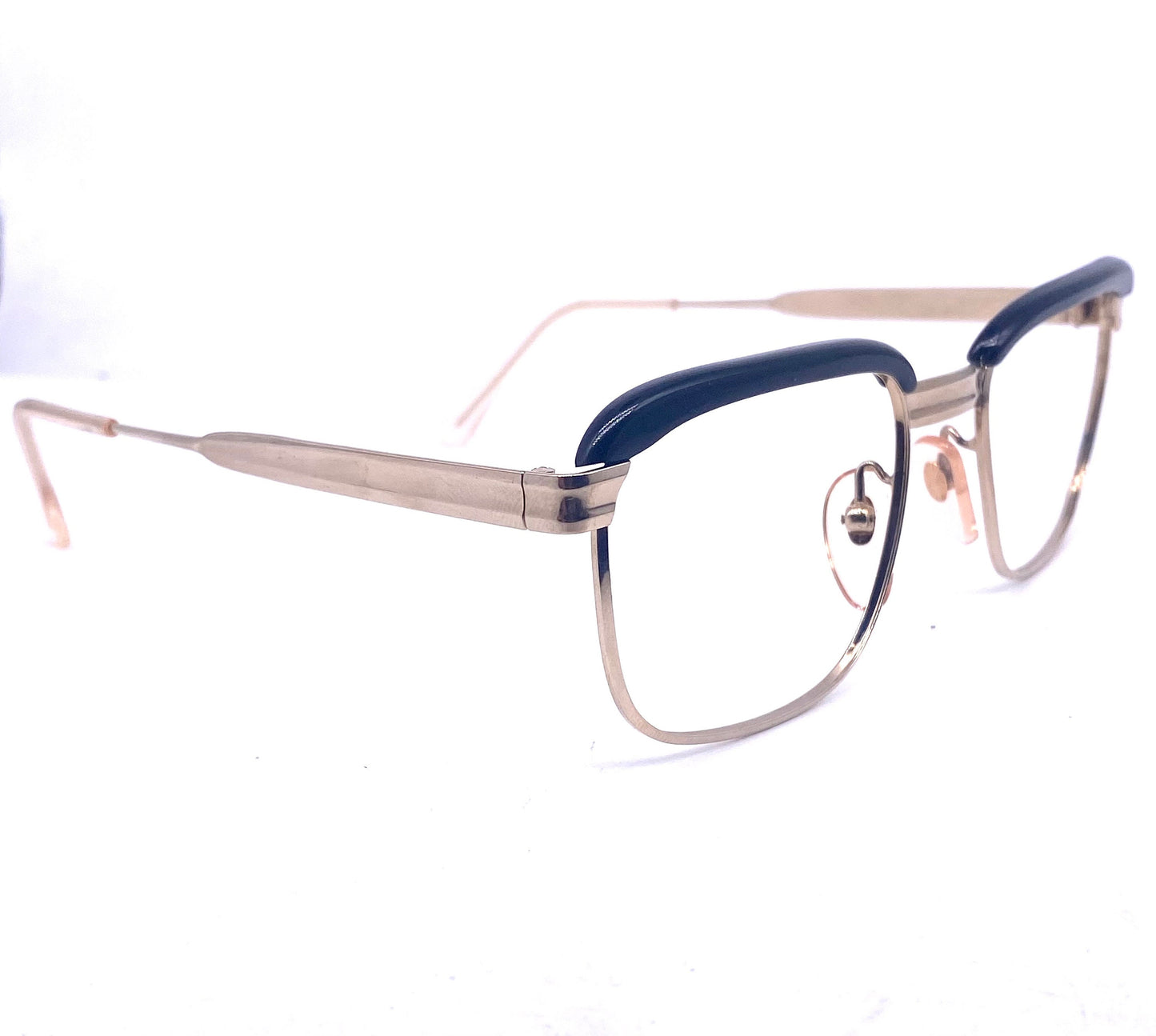 MetalVista Mario 60s iconic square gold plated black rolled brows frames, super geeky, NOS made in Italy