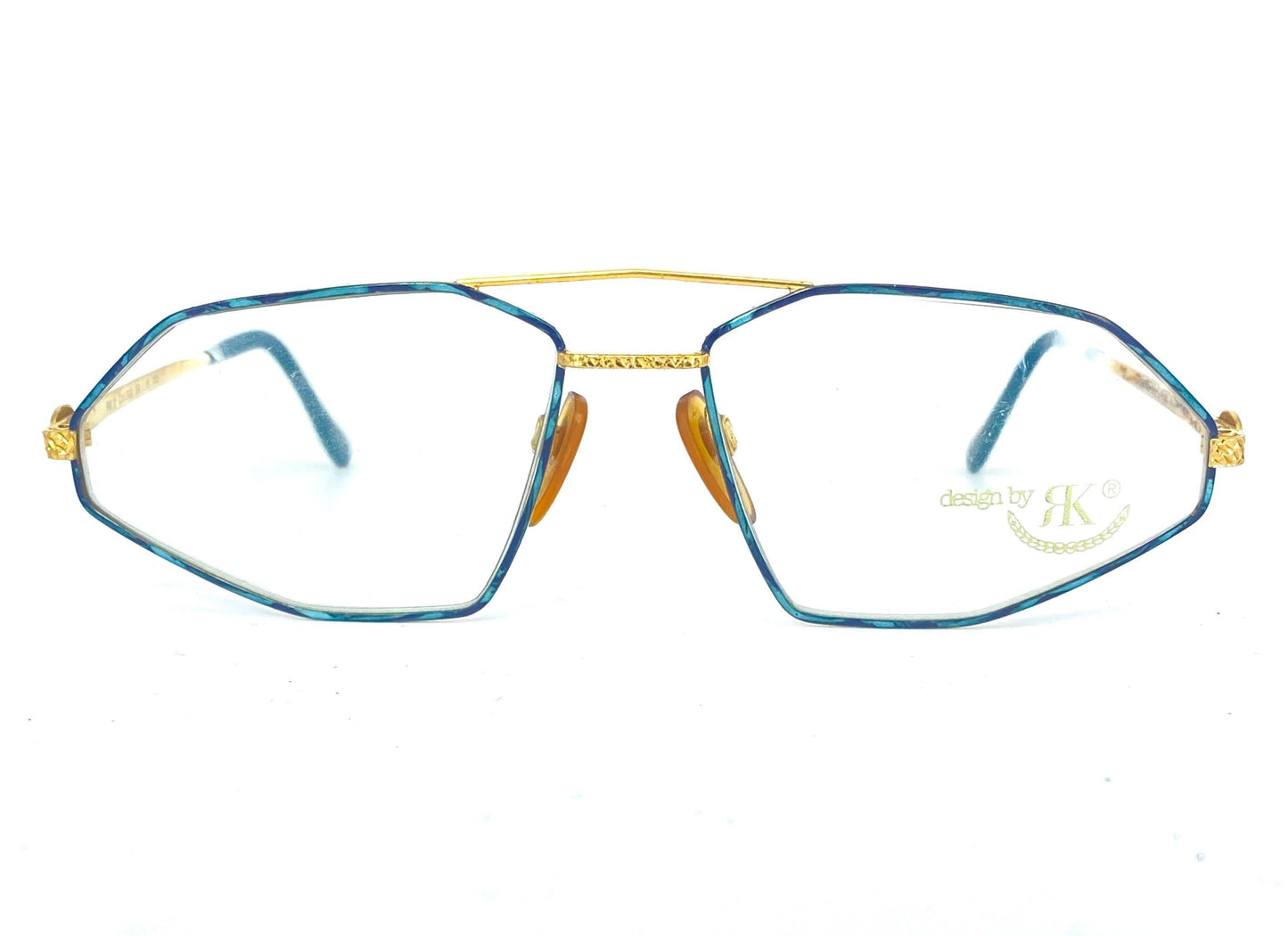 RK Design collectible avant-garde frames, polygonal dbl bridge golden metal w green enameled texture,  W Germany 80s NOS