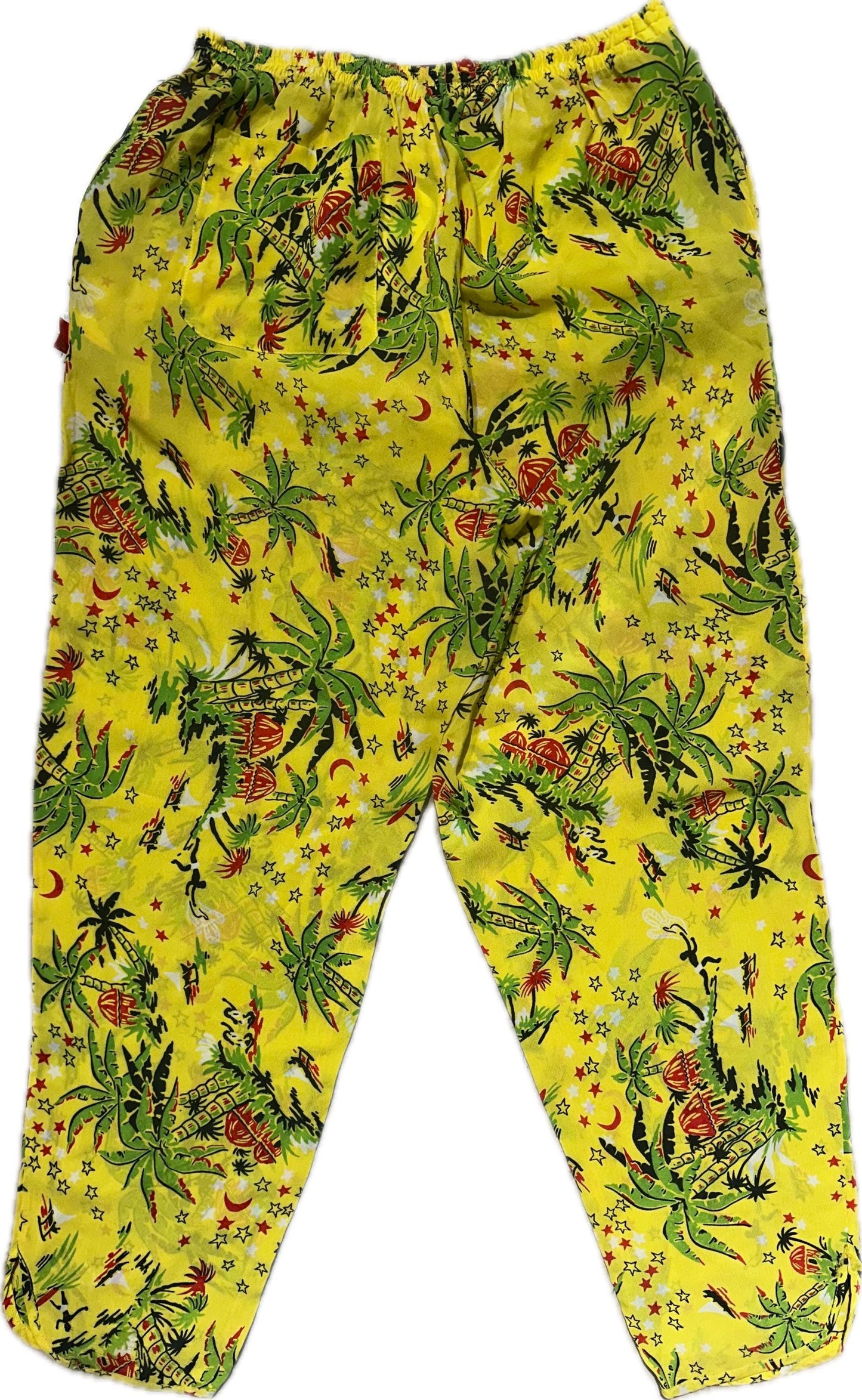Fiorucci cool yellow Aloha beach trousers w Palms, surfers and stars/moon allover, Italy 80s