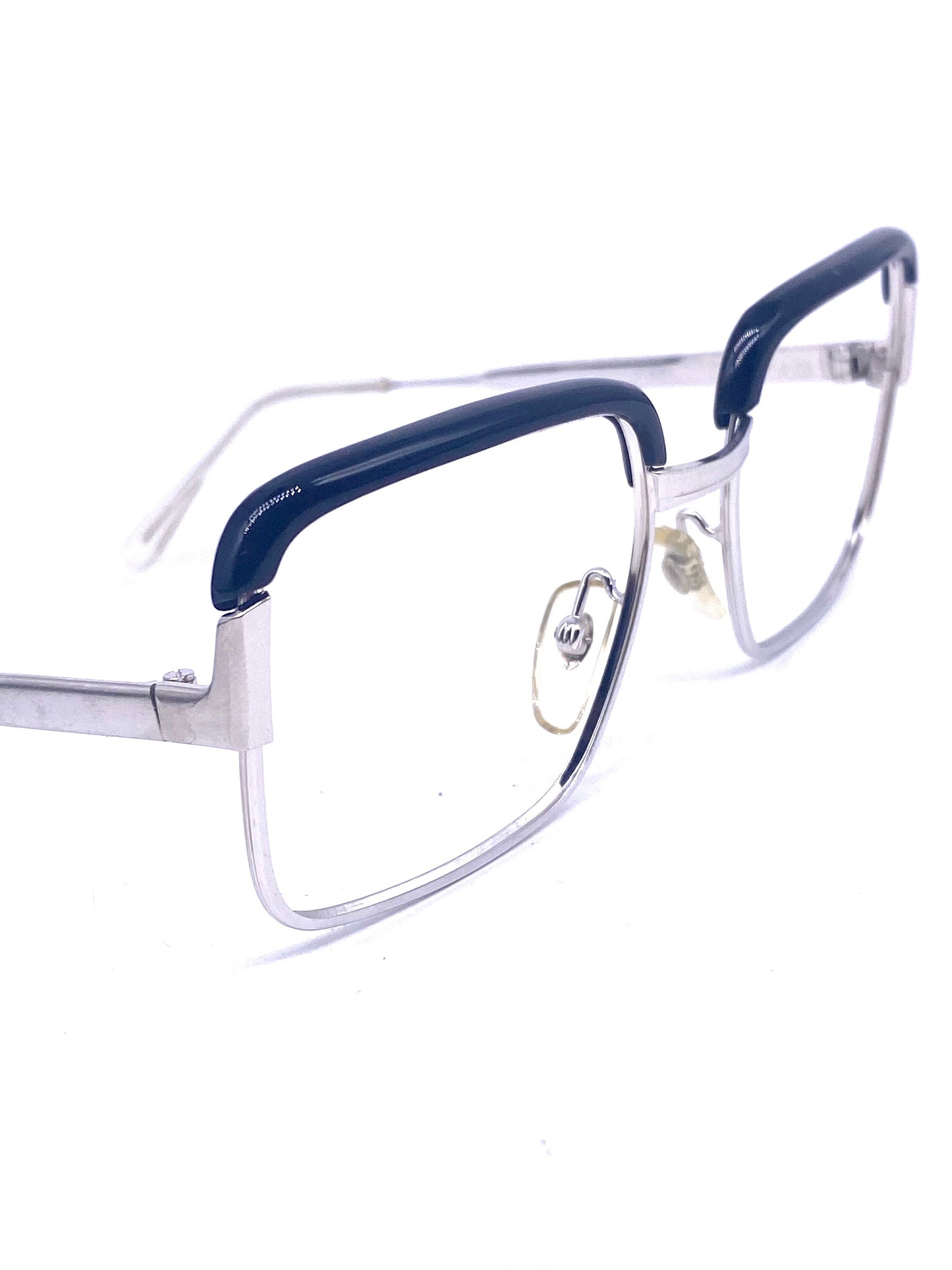 MetalVista Nobel 60s geek square silver frames with black rolled brows, NOS made in Italy