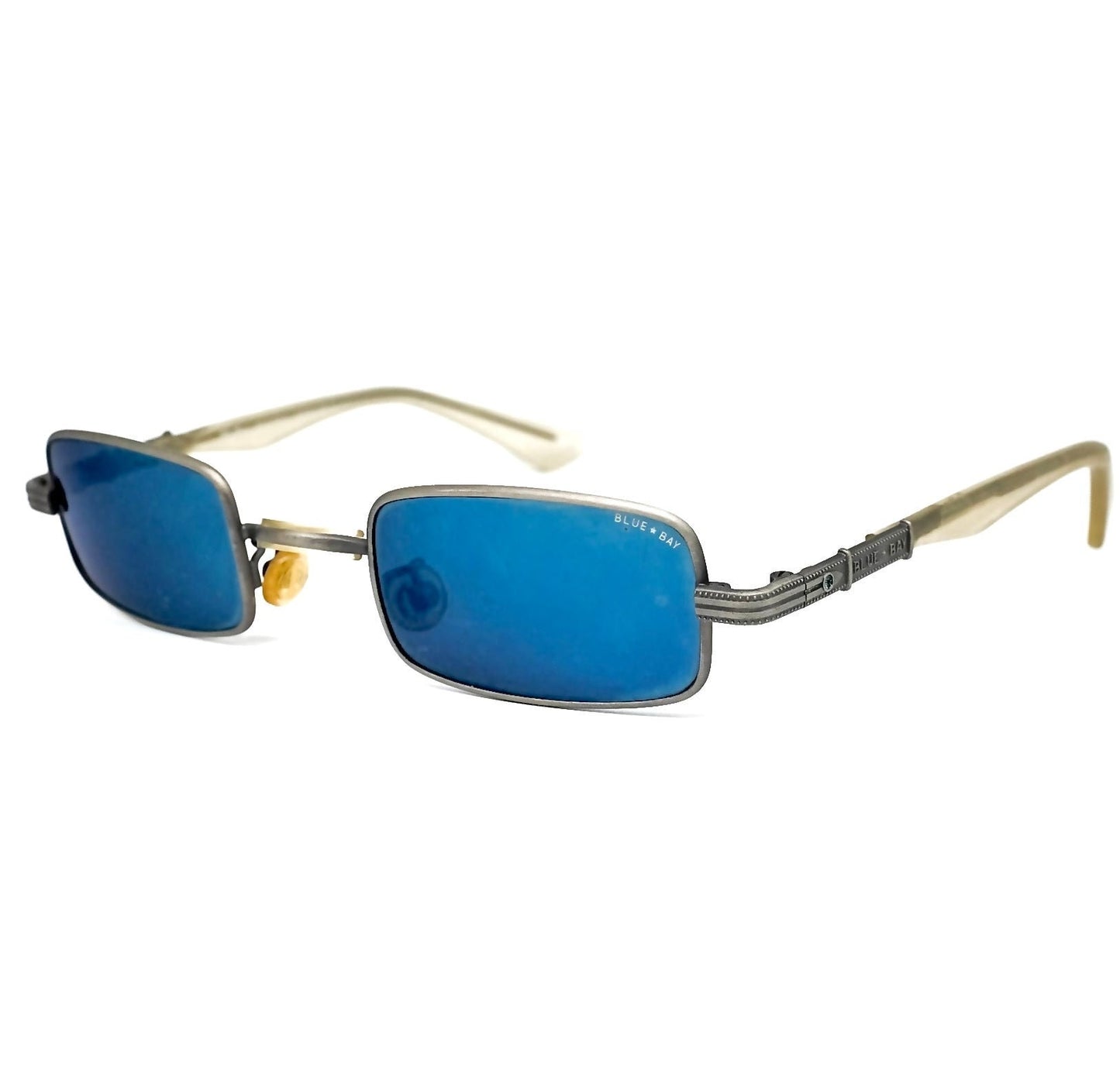 BlueBay minimalist silver rectangular sunglasses w blue mirrored lenses, Italy 90s NOS Mint