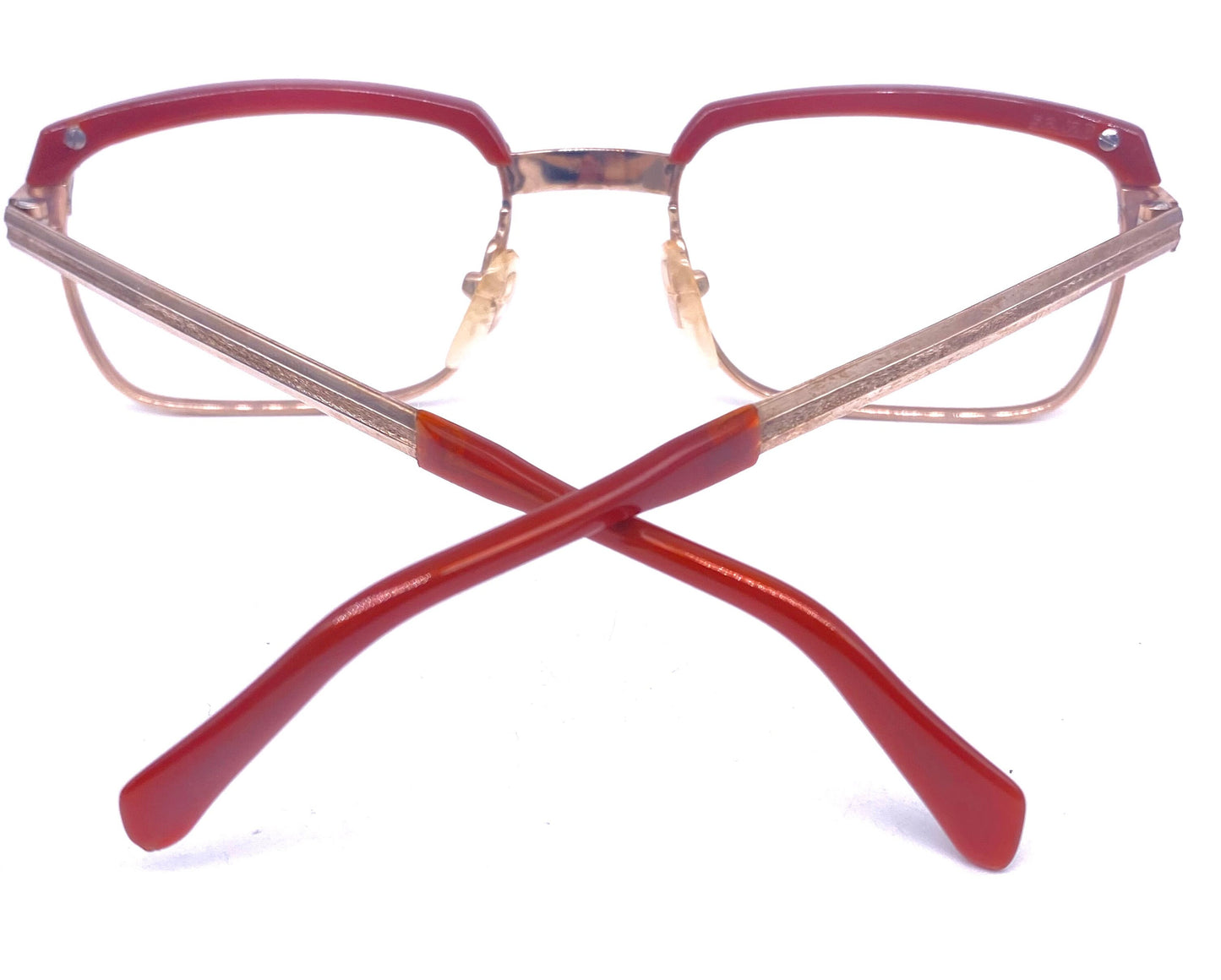 Safilo 1960s NOS square 20k gold plated eyeglasses with brick brownish red brows, mint