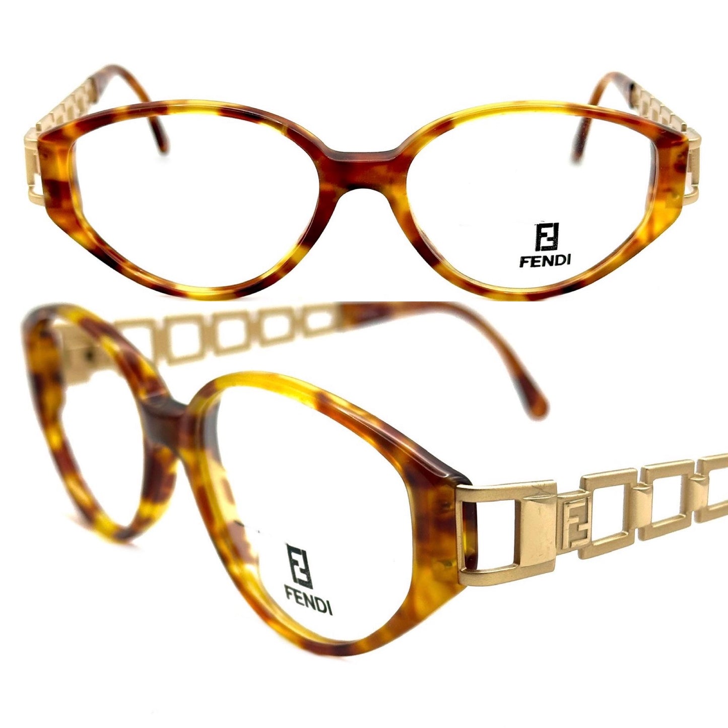 Fendi 7536 iconic cutoff chain temples tortoise cateye frames hand made in Italy, 90s NoS