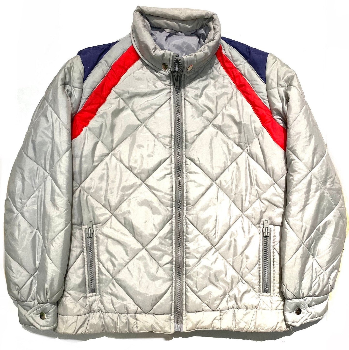 Viscosuisse grey quilted jacket with blue/red  inserts and retractable hood, sz S / 38