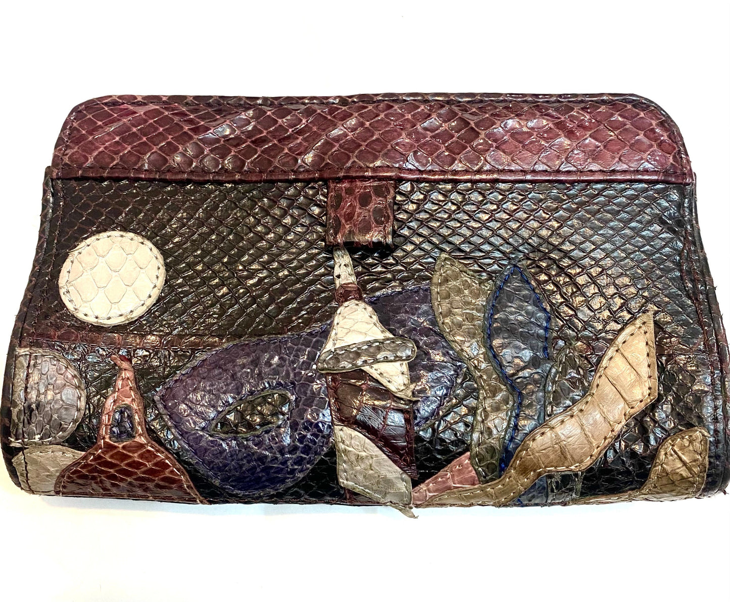 Snakeskin patchwork wallet, Venetian mask & skyline design, magnetic closure, NOS 80s Italy