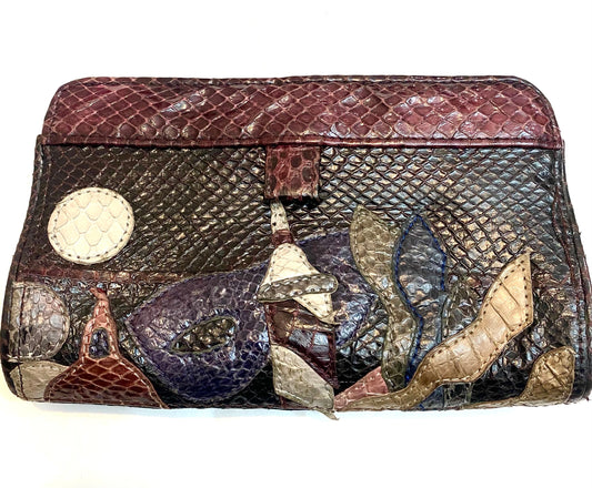 Snakeskin patchwork wallet, Venetian mask & skyline design, magnetic closure, NOS 80s Italy